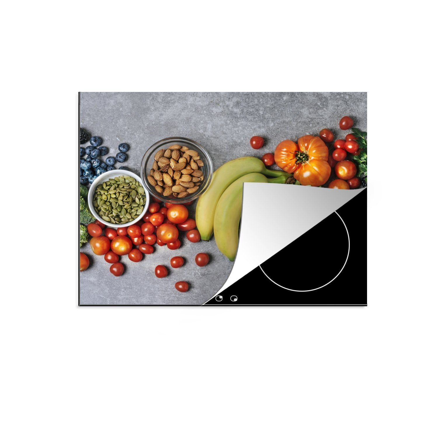 MuchoWow Herdblende-/Abdeckplatte Gemüse - Obst - Grau, Vinyl, (1 tlg), 59x52 cm, Ceranfeldabdeckung für die küche, Induktionsmatte