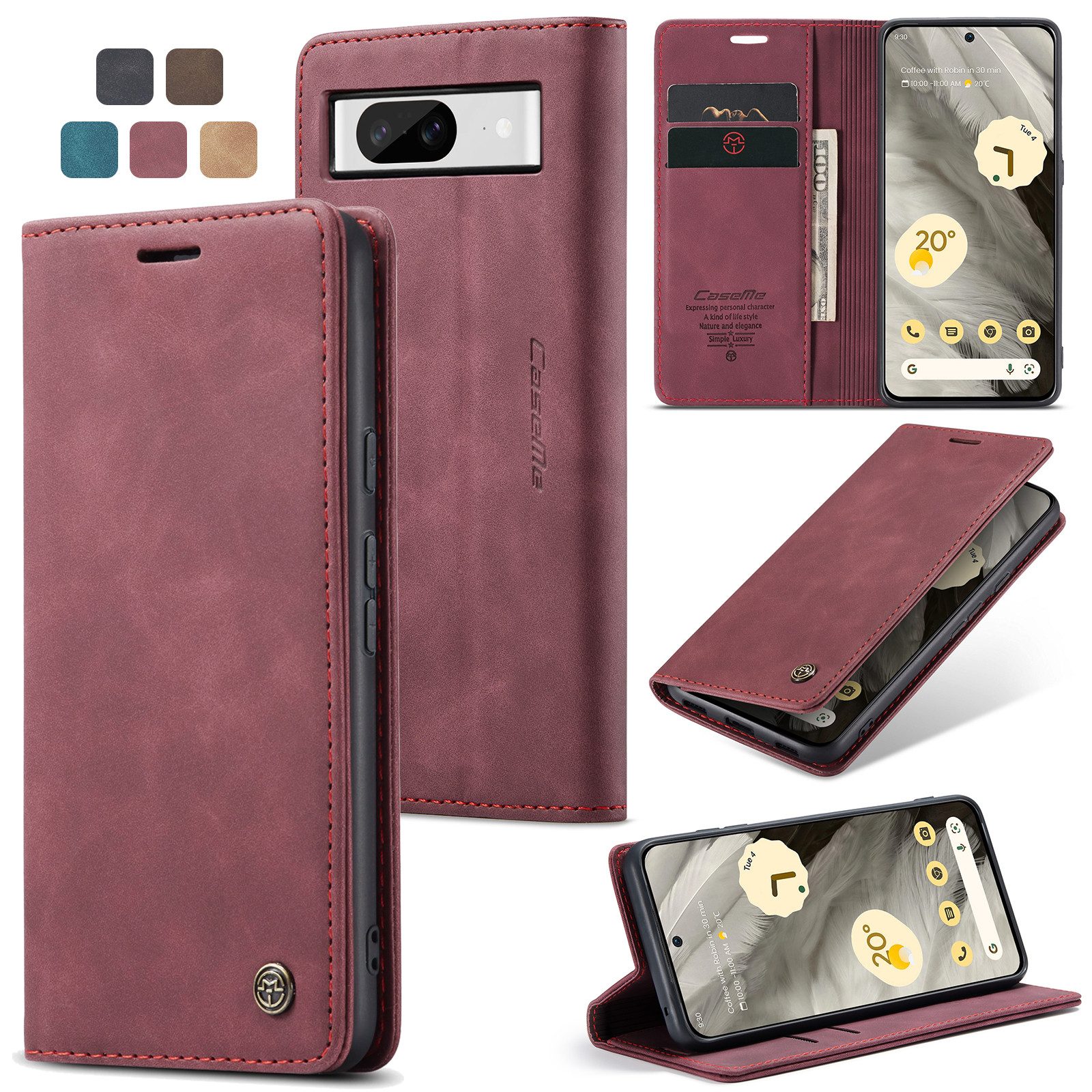 CaseMe Handyhülle Hülle für Google Pixel Klapphülle Google Pixel 8 Karmesinrot