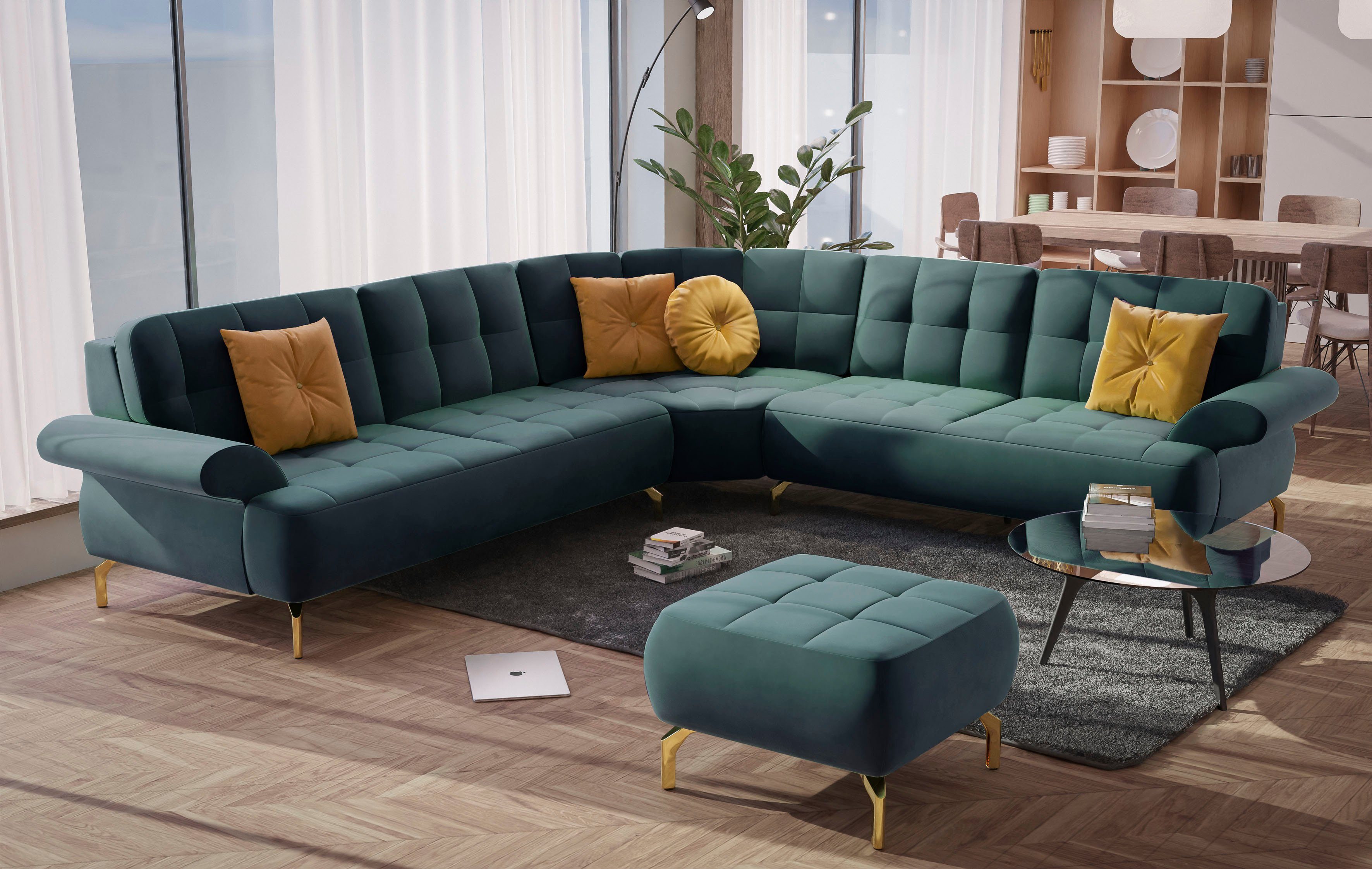 sit&more Ecksofa Orient 1 L-Form, inkl. 4 Zierkissen mit Strass-Stein, goldfarbene Metallfüße