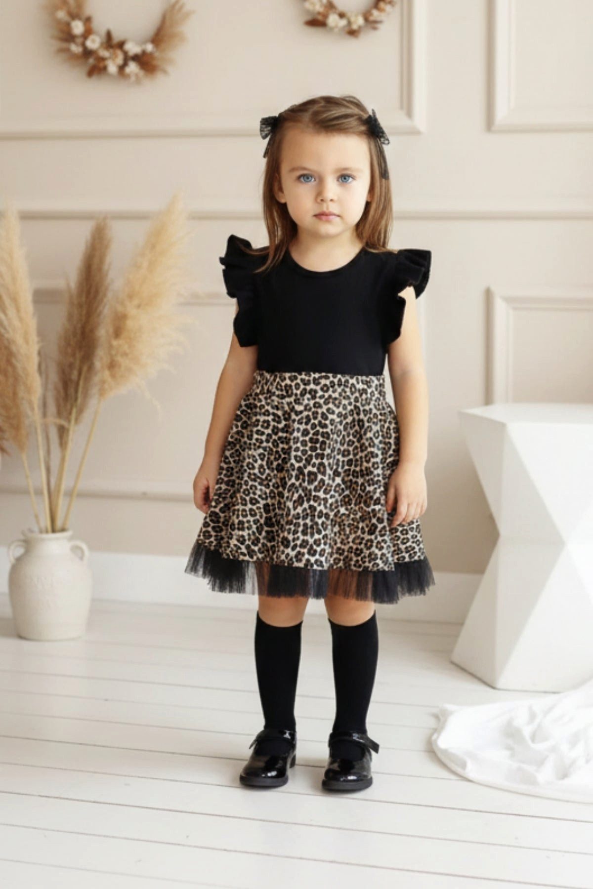 Parla Kids Tüllkleid Tütükleid schwarz mit Leopardenmuster, Rüschensaum und Haarspange Tütükleid mit leopardenmuster