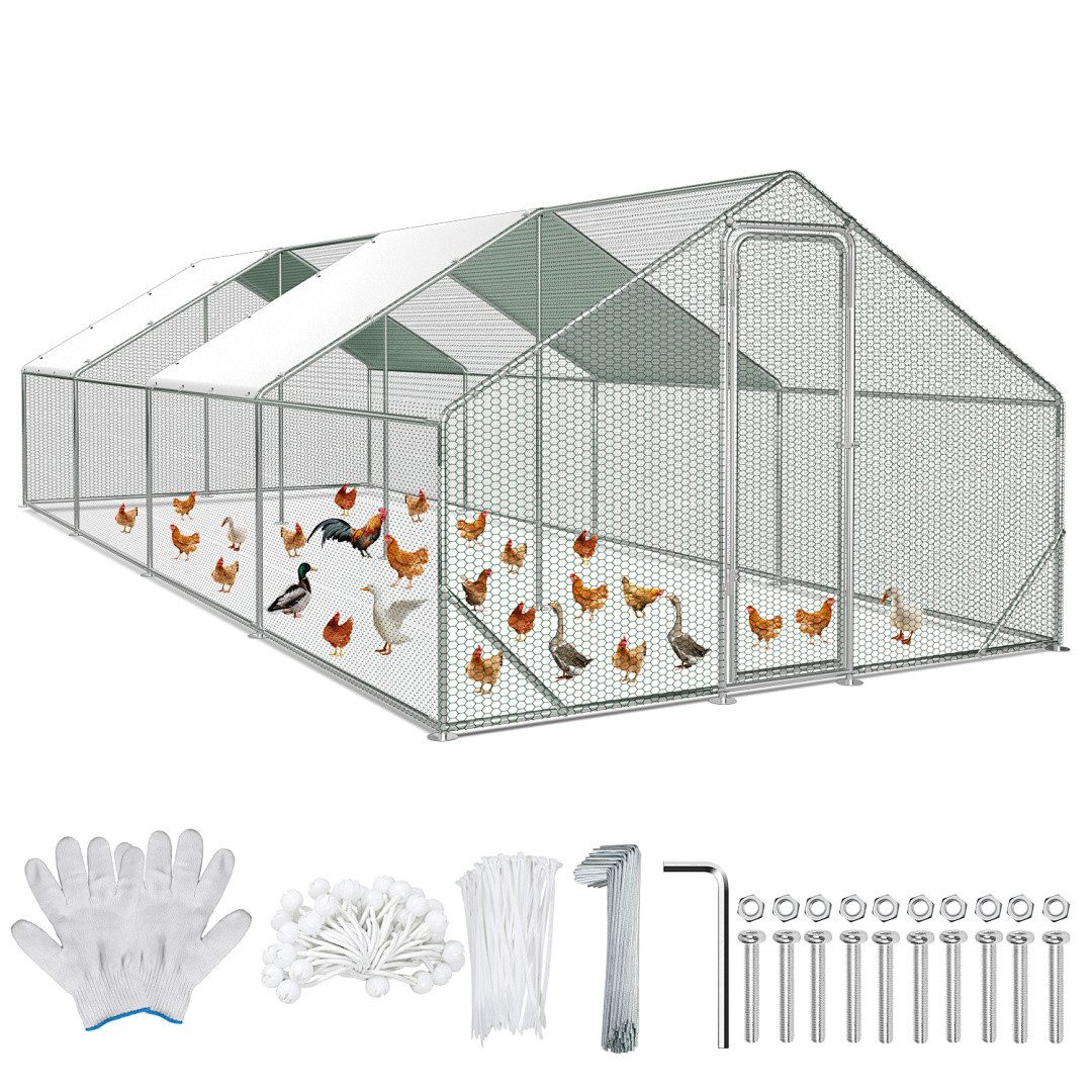 Clanmacy Hühnerstall 3x8x2m Hühnerstall aus Stahl mit UV-beständiger Abdeckung Voliere