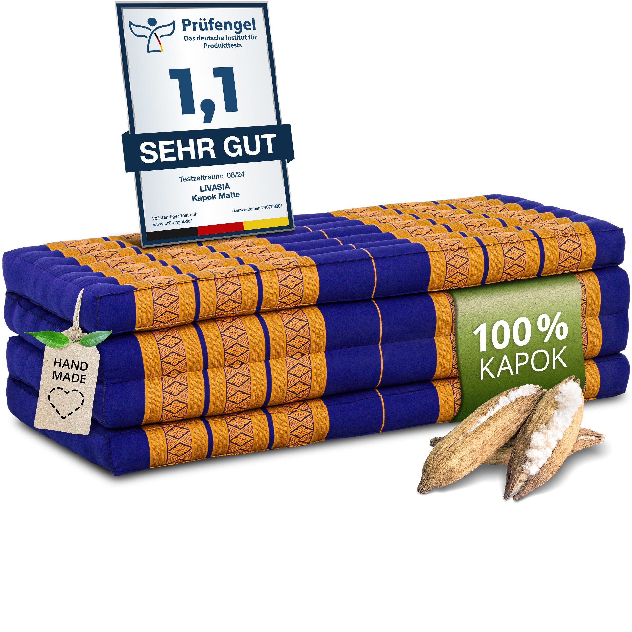 Klappmatratze Faltmatratze 110 cm breit (Classic) - 200x110x8cm -, livasia, 8 cm hoch, Kapok, vegan, handgefertigt