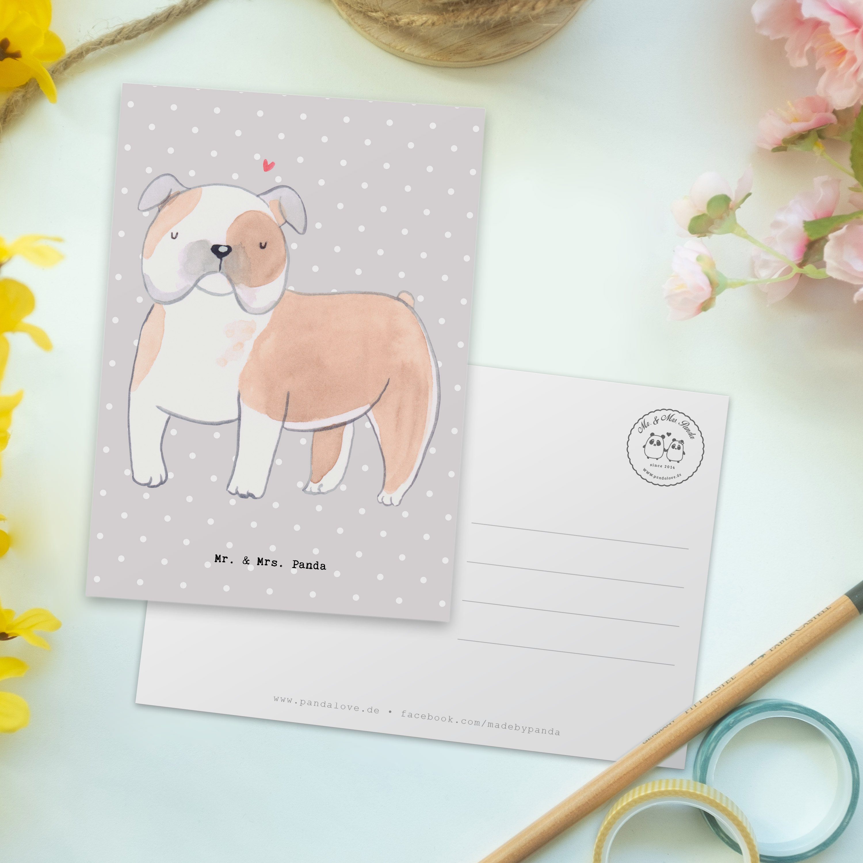 Mr. & Mrs. Panda Bulldogge Moment Grau Hundebes - Postkarte Karte, Geschenk, - Englische Pastell