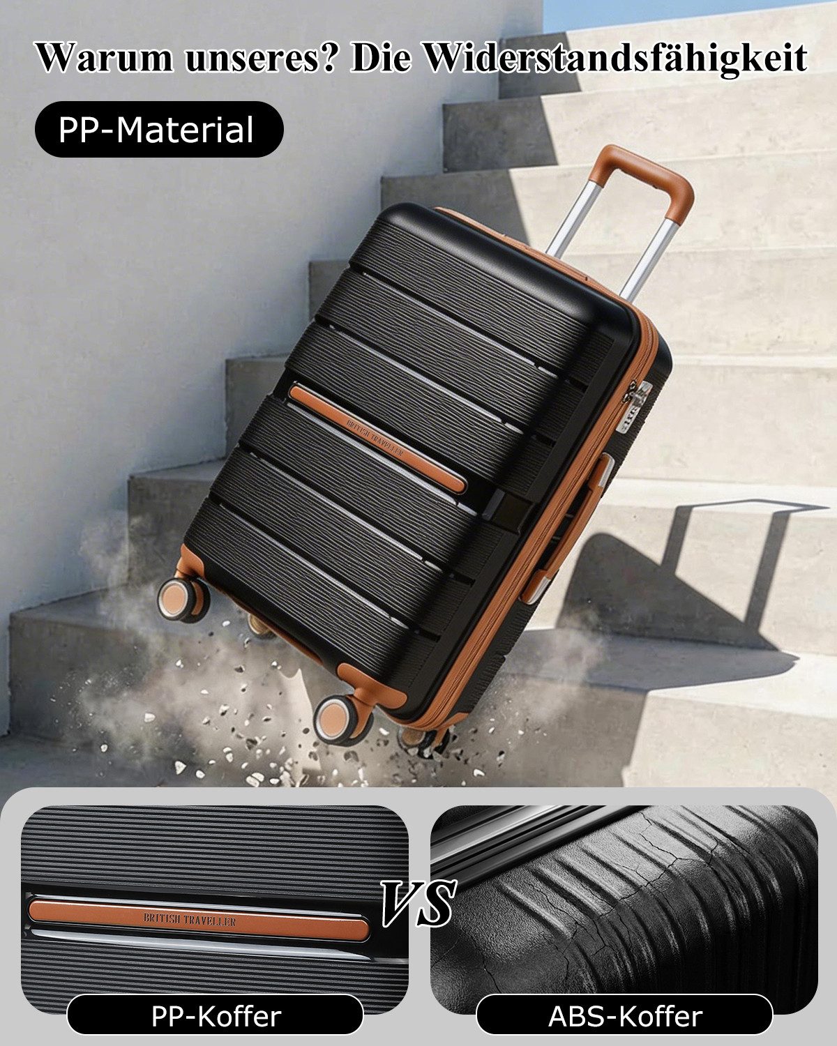 British Traveller Handgepäck-Trolley Reisekoffer Hartschalenkoffer aus 100% PP 8 Spinnerräder, TSA-Schloss