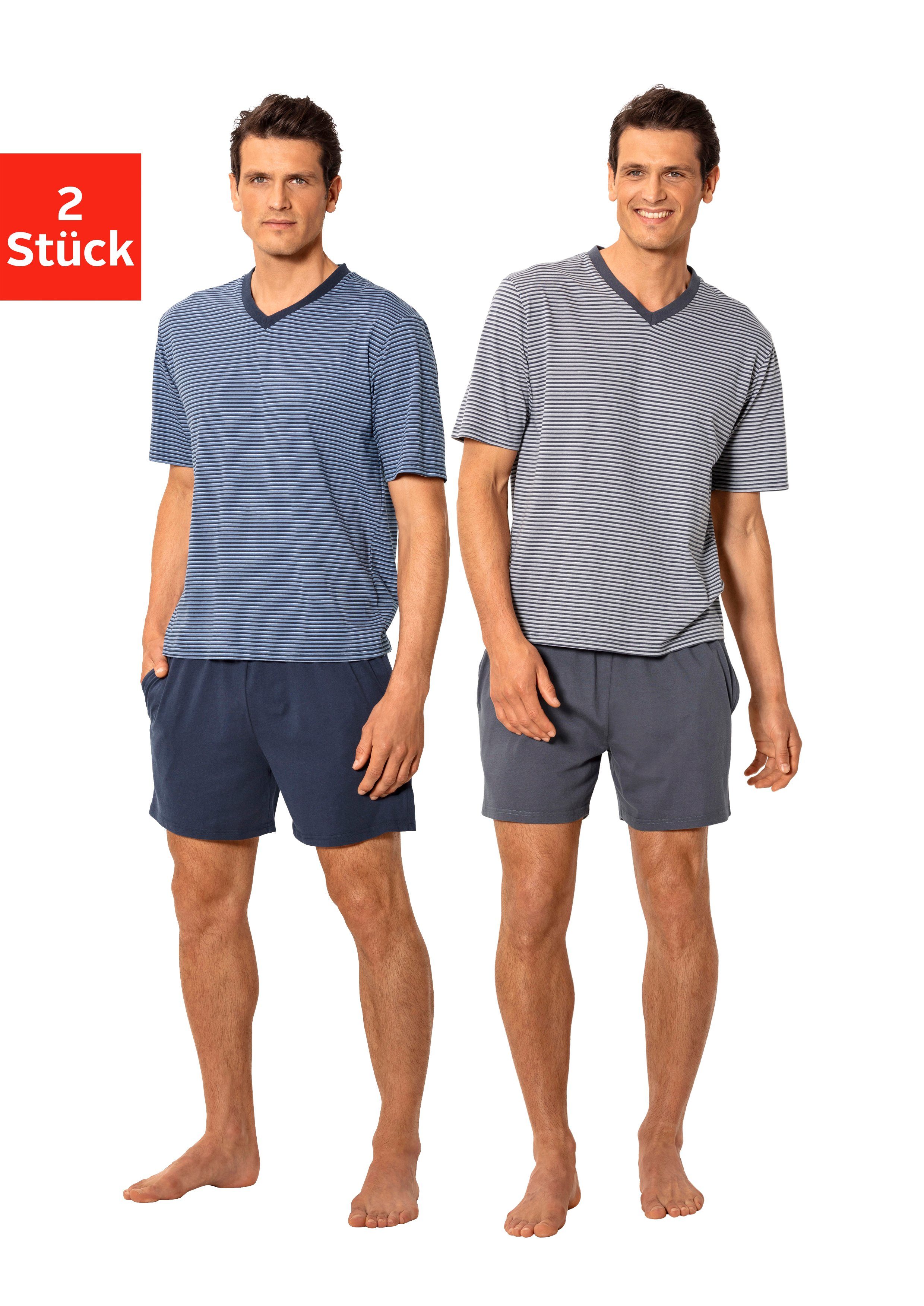 le jogger® Pyjama (Packung, 4 tlg., 2 Stück) Schlafanzug mit garngefärbtem Streifen
