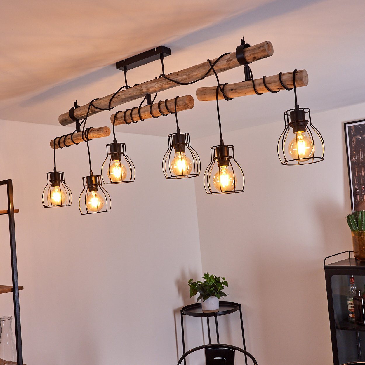 hofstein Deckenleuchte »Aprica« Zimmerlampe aus Metall in schwarz und naturfarbenen Holz, ohne Leuchtmittel, Leuchtenköpfe einstellbar, Deckenlampe im Retro/Boho Style, 6xE27