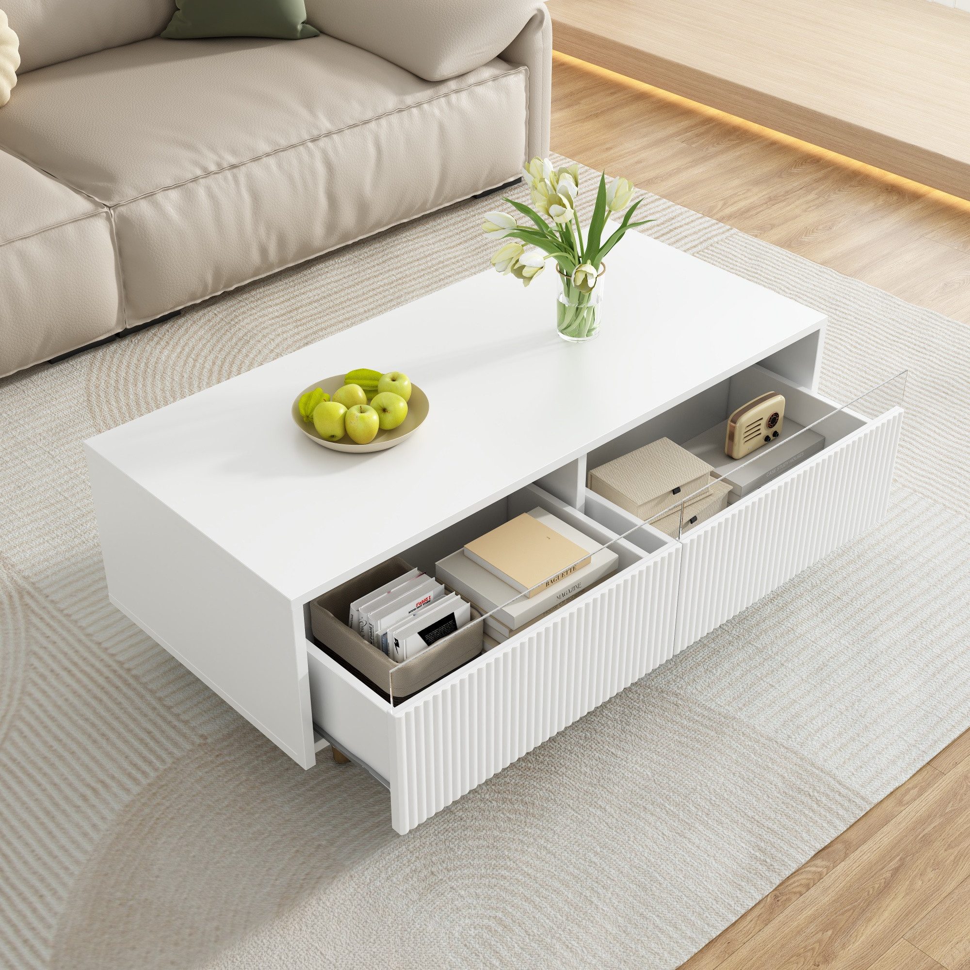 Merax Couchtisch Sofatisch Beistelltisch mit LED-Beleuchtung (1-St), Wohnzimmertisch mit 2 Schubladen & Massivholzbeinen, 110×50×40 cm – Bild 3 von 4