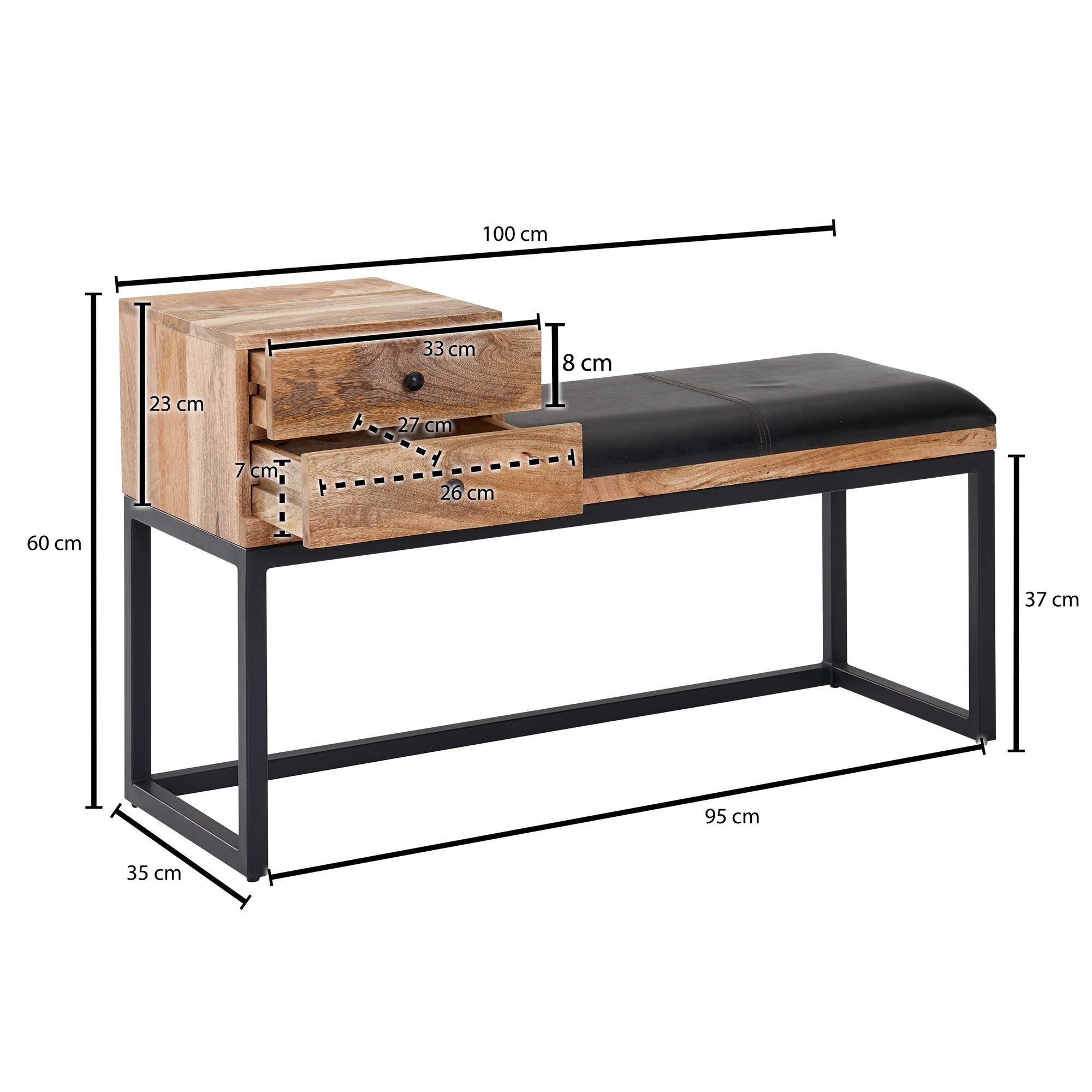 FINEBUY Polsterbank FB31278 Sitzbank Flurbank Echtleder Holz Massiv 100 cm Stauraum (Ziegenleder / Massivholz Bank 100x60x35 cm Retro), Flur Polsterbank mit Stauraum, Lederbank Schwarz