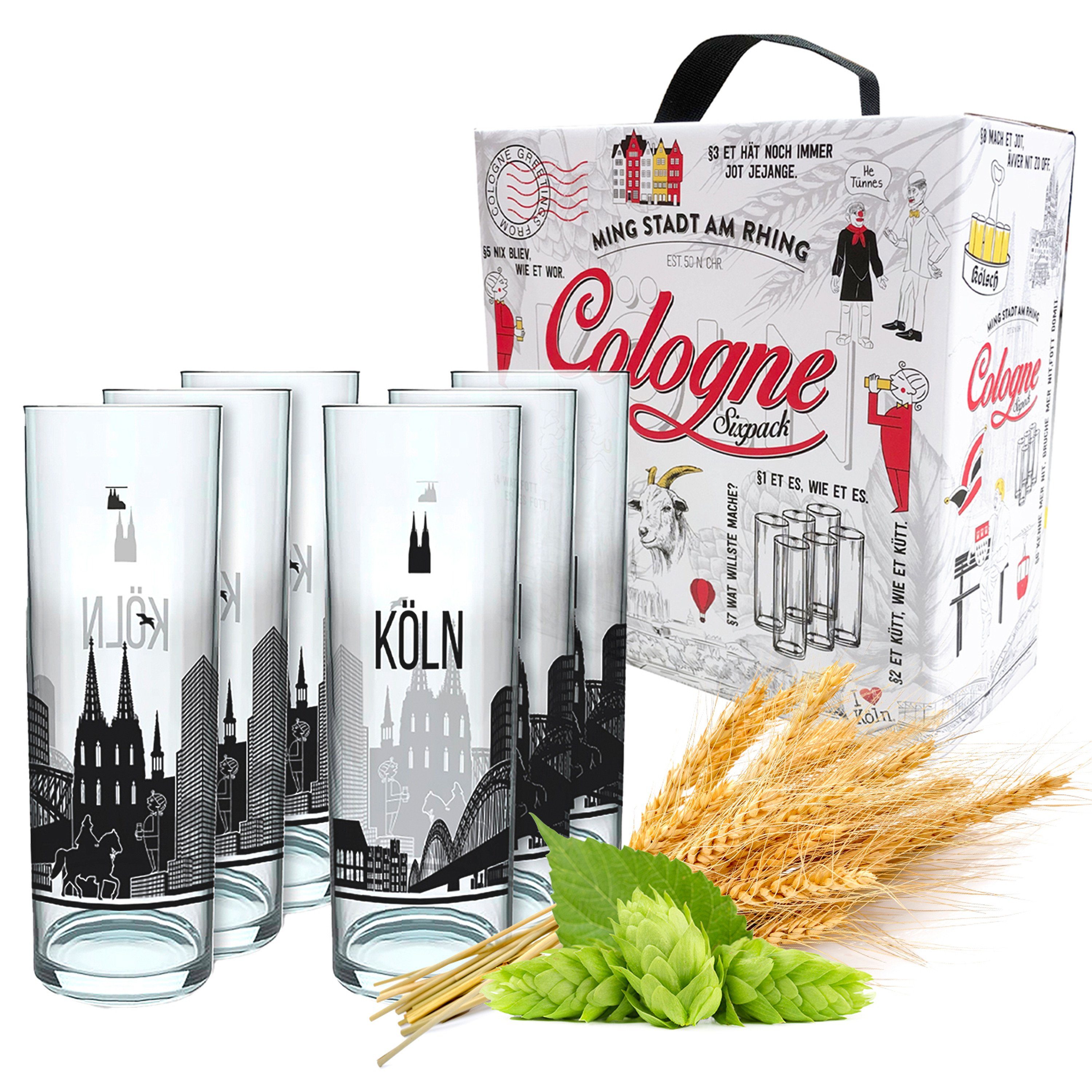 3forCologne Bierglas 3forCologne Kölschglas 6er Pack bunt 0,2ml, Kölner Stangen mit Grundgesetz, Biergläser Gläser Trinkgläser mit Aufdruck. (MADE IN GERMANY)