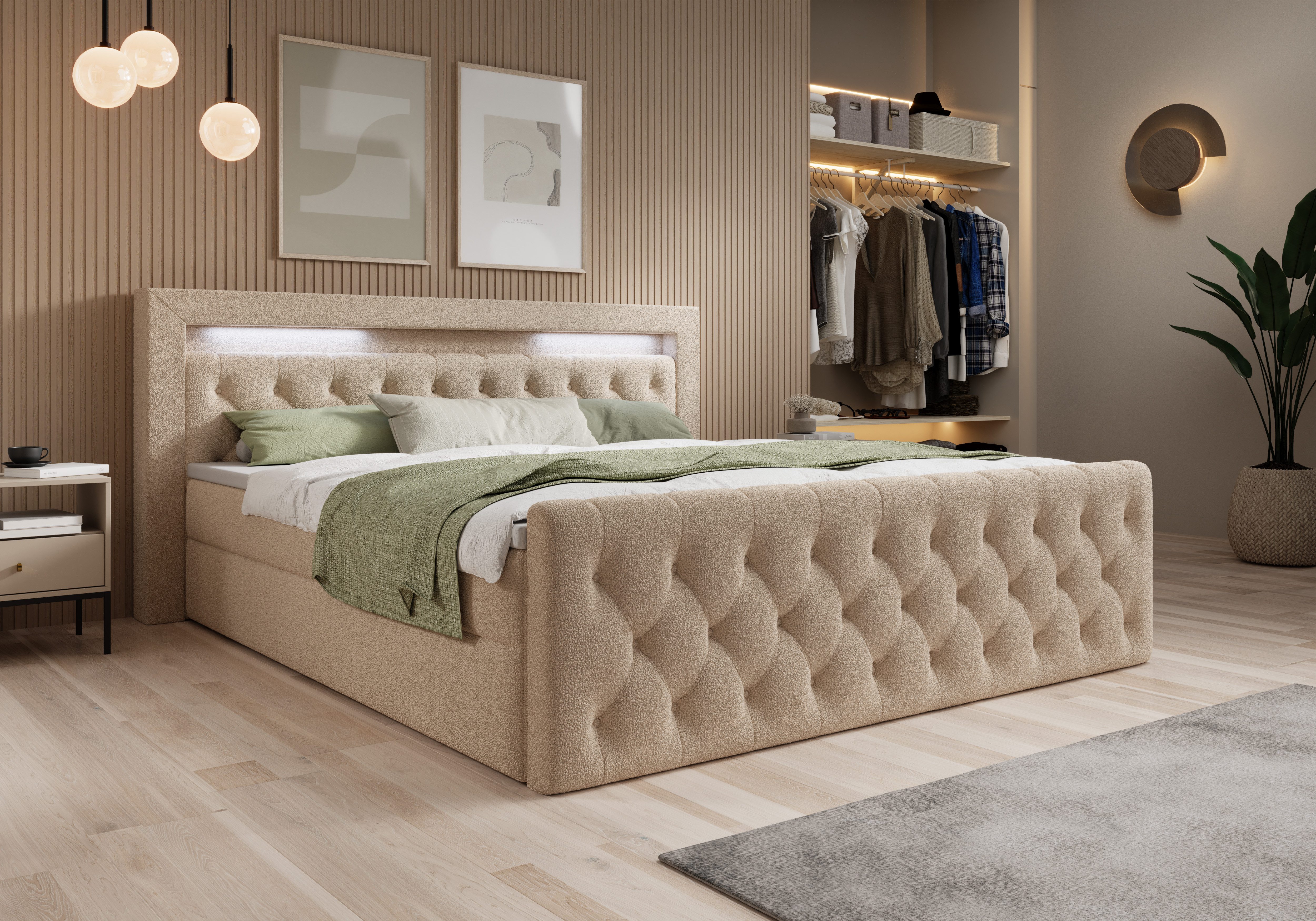 thematys Boxbett LED mit Bettkasten 140x200–200x200 cm – Velours oder Bouclé Bezug – (Polsterbett Bonnellfederkern Matratze H3 + Gratis 3cm Topper, Boxbett - Luxus Doppelbett mit Stauraum und LED)