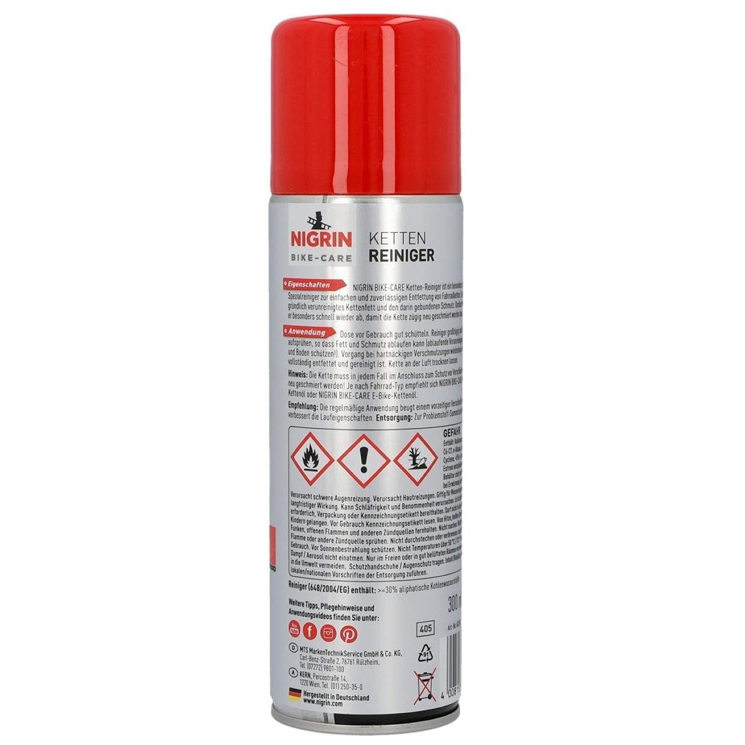 NIGRIN Bike Ketten-Reiniger 300ml Spray Entfetter Pflege Reinigungsspray (1-St. Entfetter Reinigung Pflege für Fahrräder Pedelecs E-Bikes Reinigung)
