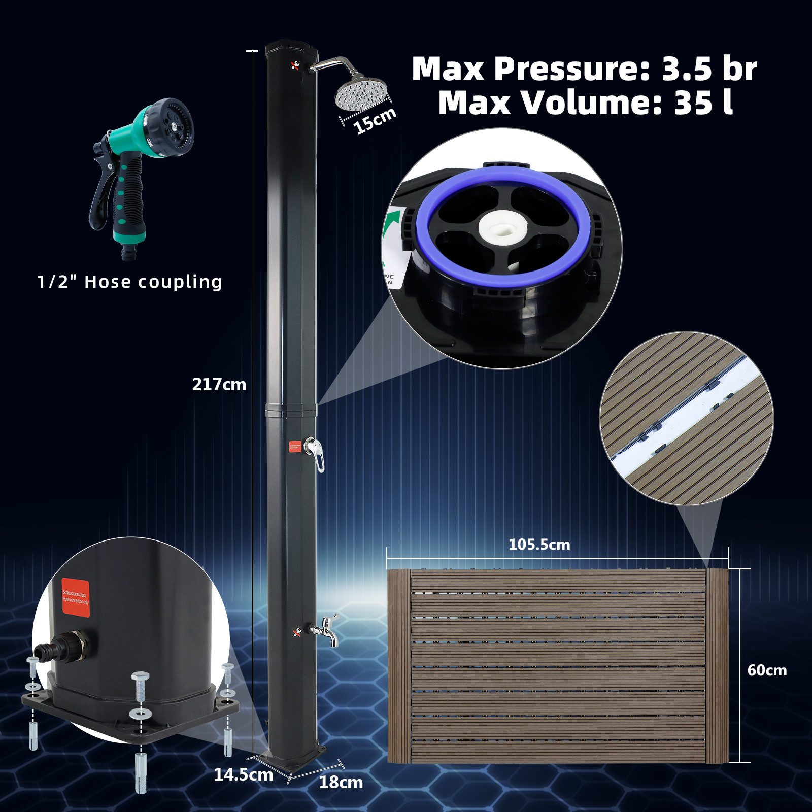 CCLIFE Gartendusche Solardusche 35L 40L 60L mit WPC-Bodenplatte und Handbrause