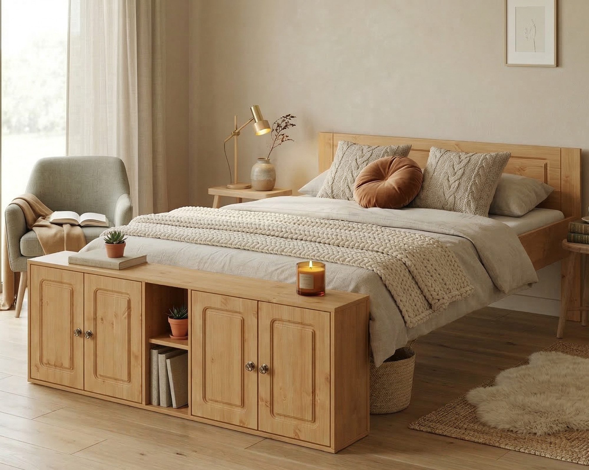 OTTO home Massivholzbett Paula, mit Türen und Ablage, Schublade optional, Landhausstil (B/T/H: 148,8/224,4/82 cm), Massive Kiefer, extra viel Stauraum im Fußtei – Bild 5 von 5