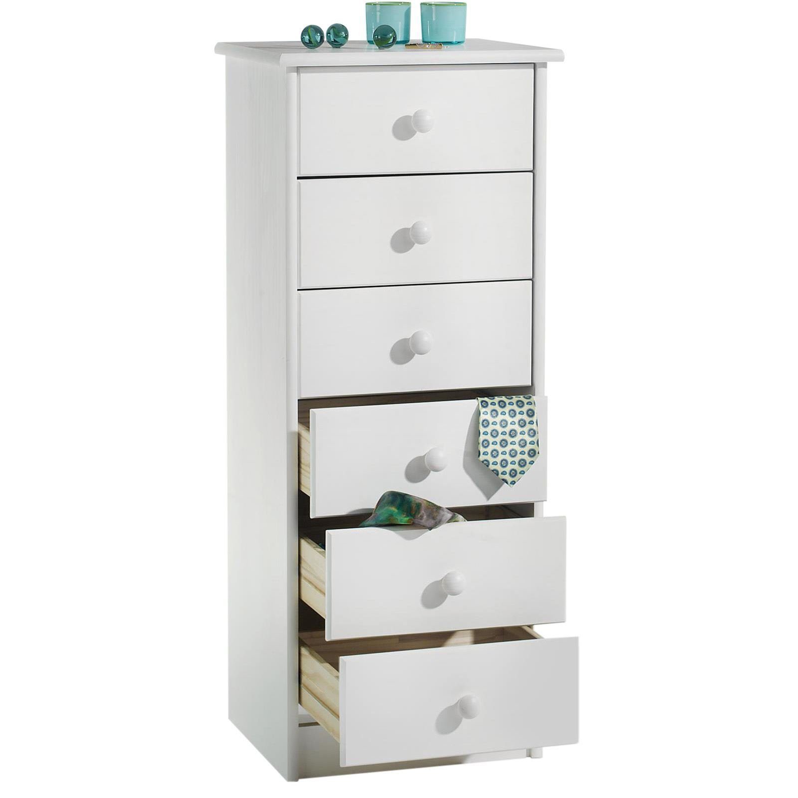 IDIMEX Kommode RONDO, Kommode Hochschrank mit 6 Schubladen Highboard Kiefer massiv lackiert