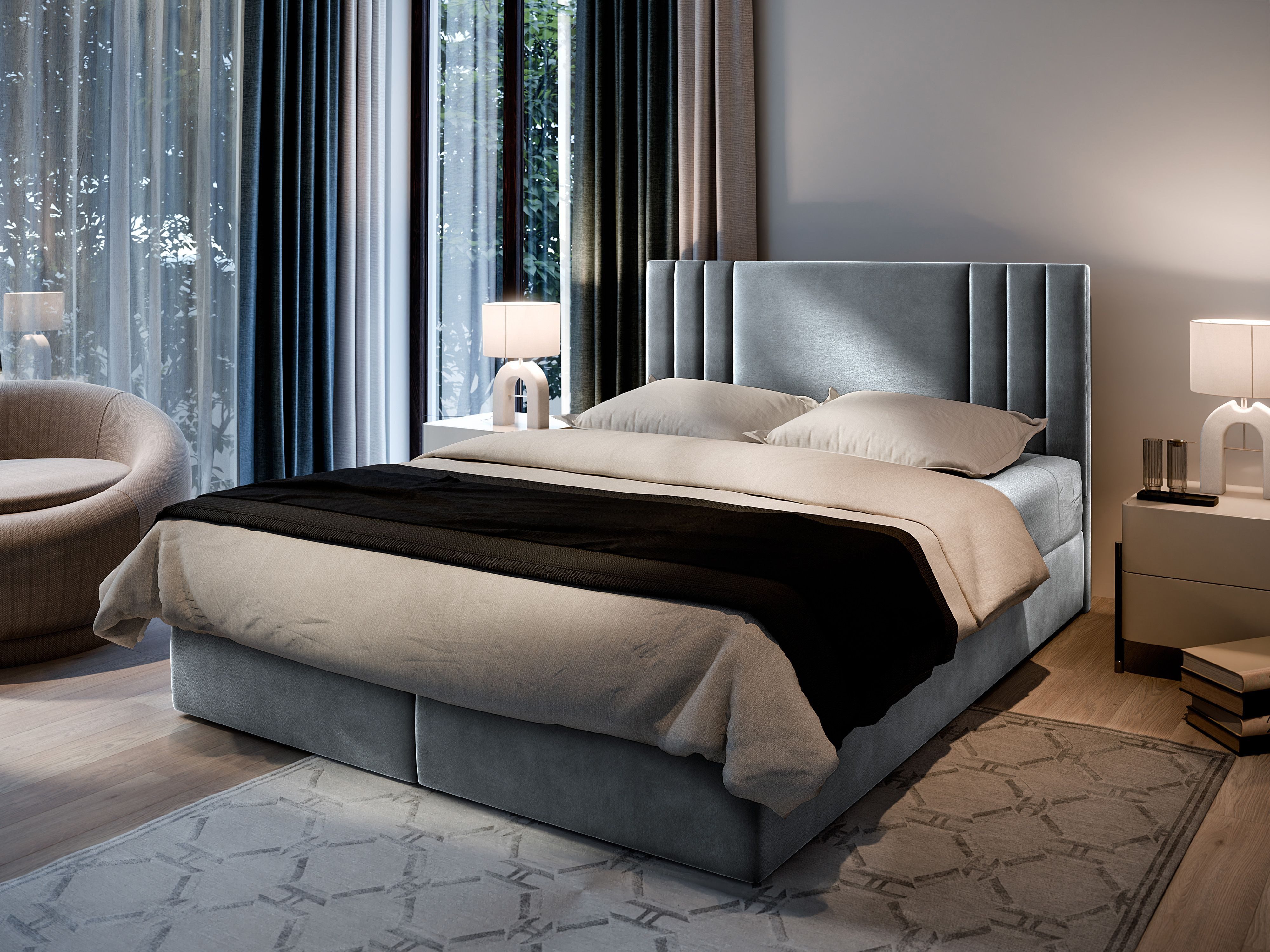 Masseno Boxbett BRES 160x200 cm mit Bonell Matratze und Topper, Doppelbett, Polsterbett mit Kopfteil, Boxspringbett
