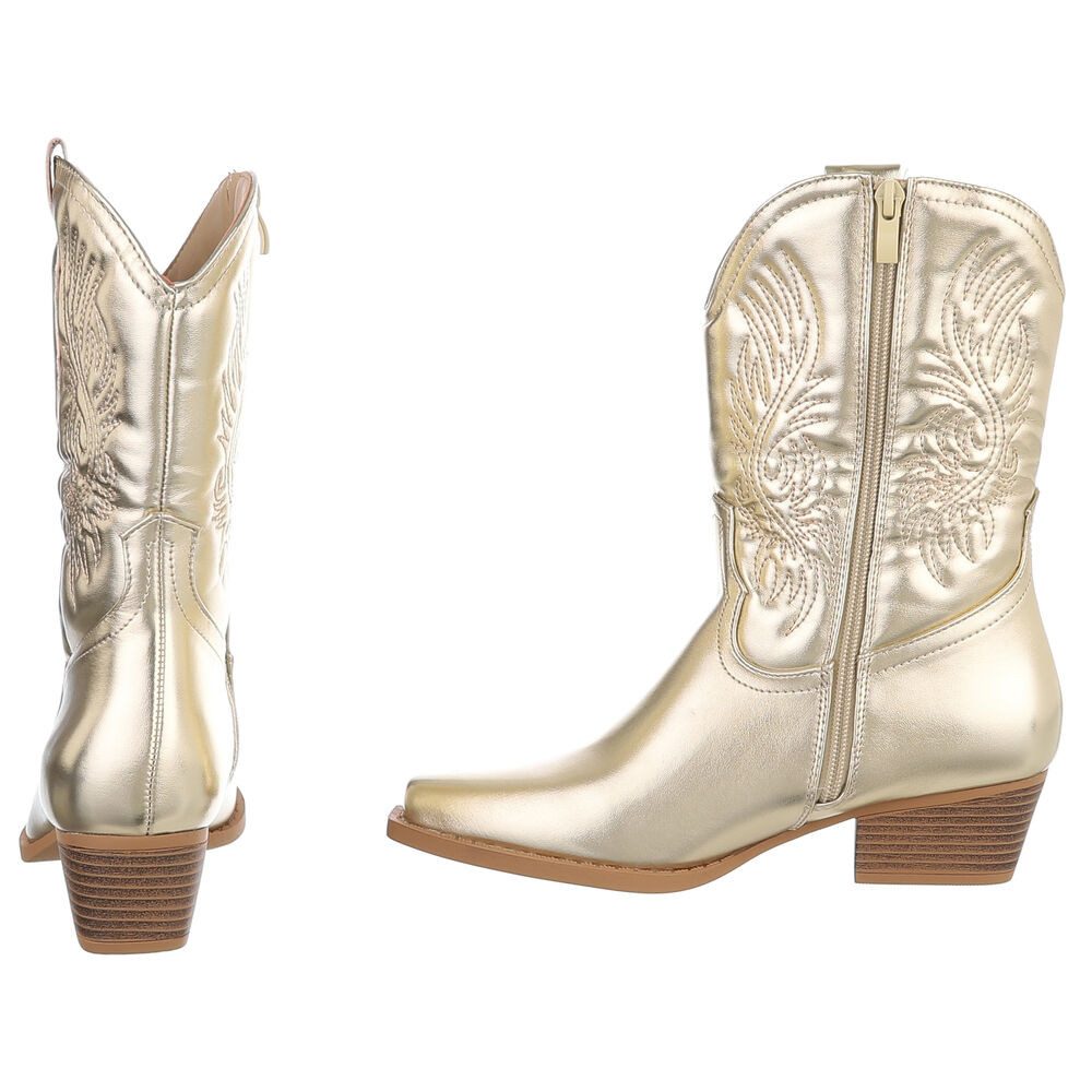 Ital-Design Cowboystiefel mit Stickdesign für Damen, Alltag und Freizeit Westernstiefelette (90482447) Blockabsatz Stiefeletten in Gold – Bild 5 von 5