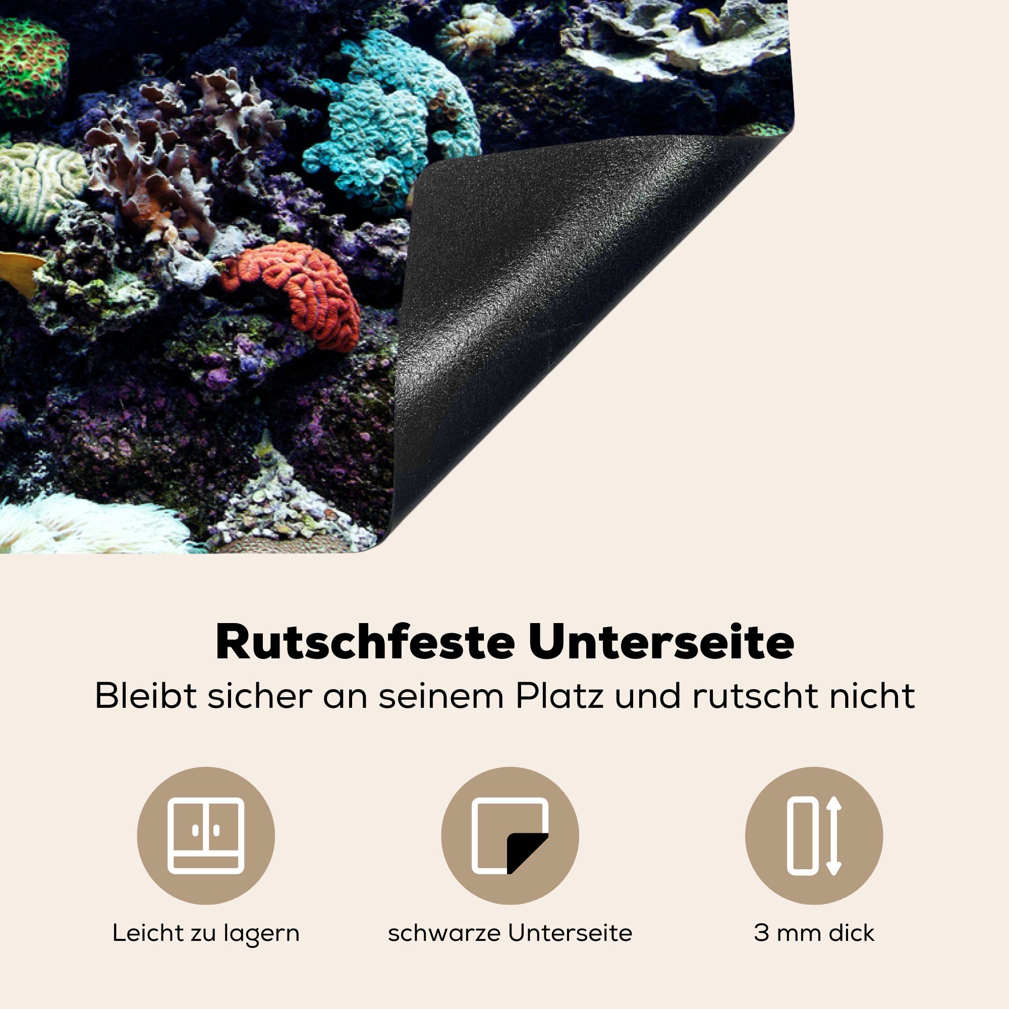 Korallen, und 81x52 die MuchoWow tlg), Aquarium mit für Vinyl, Induktionskochfeld Schutz tropischen Herdblende-/Abdeckplatte küche, (1 cm, Fischen Ceranfeldabdeckung
