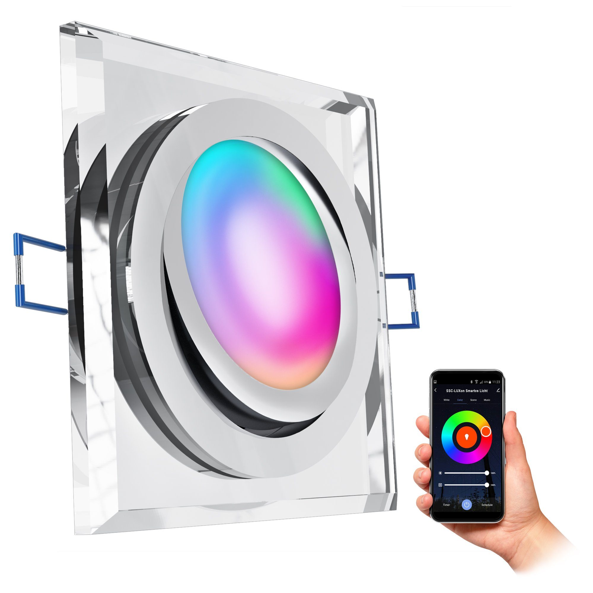 SSC-LUXon LED Einbaustrahler Glas Einbaustrahler flach, eckig & schwenkbar mit WiFi LED RGB Modul, RGB