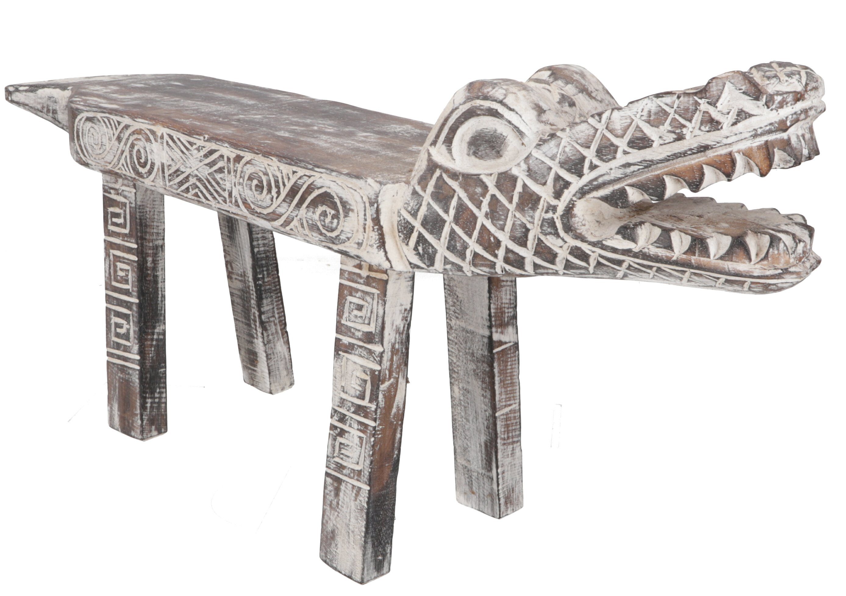 Guru-Shop Stuhl Geschnitzte Krokodilbank Antikweiß - 75 cm