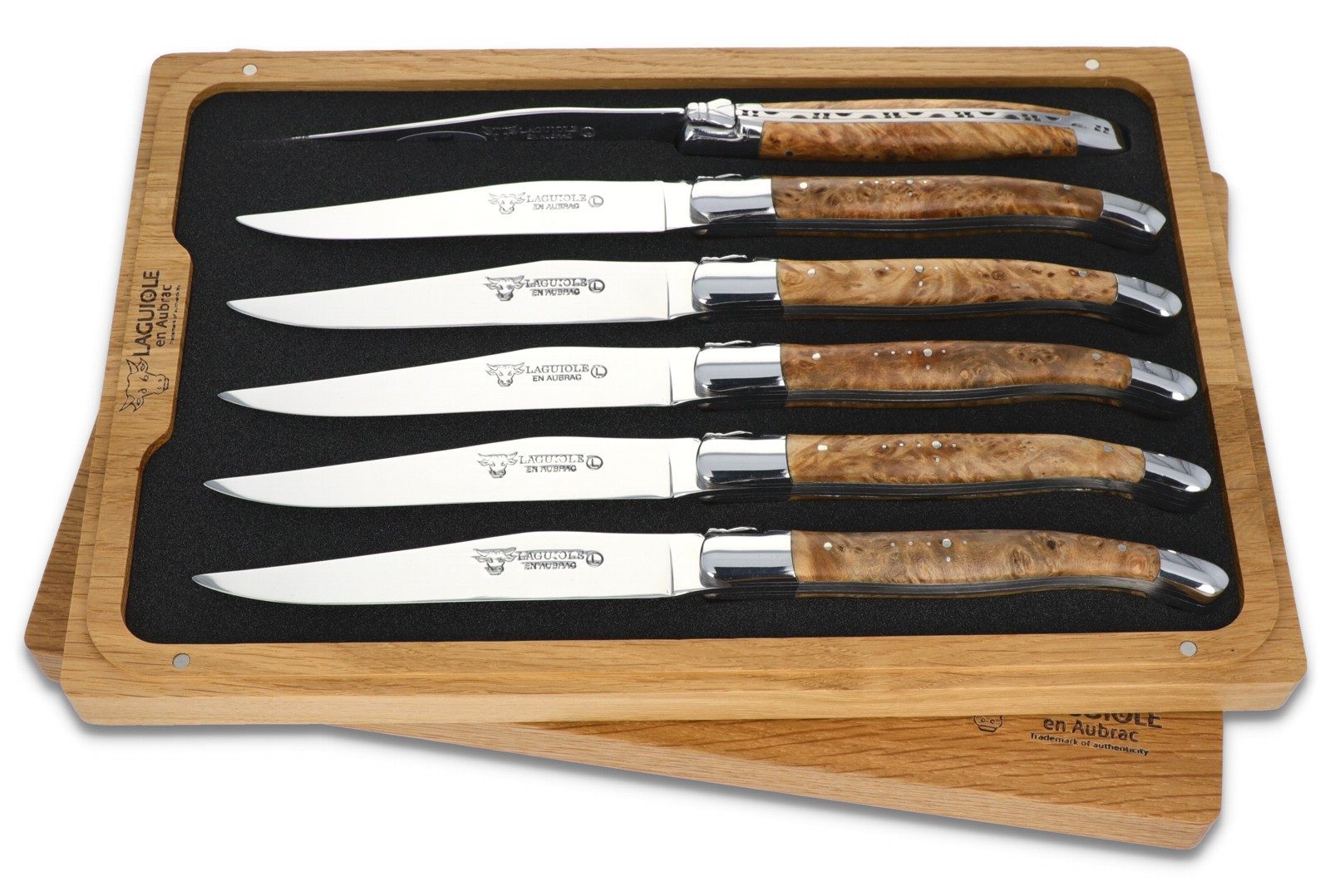 Laguiole en Aubrac Стейк ножи 62C99TYIH BRI 6er Set - Griff Linde - Backen glänzend - Klinge glänzend - Holzbox