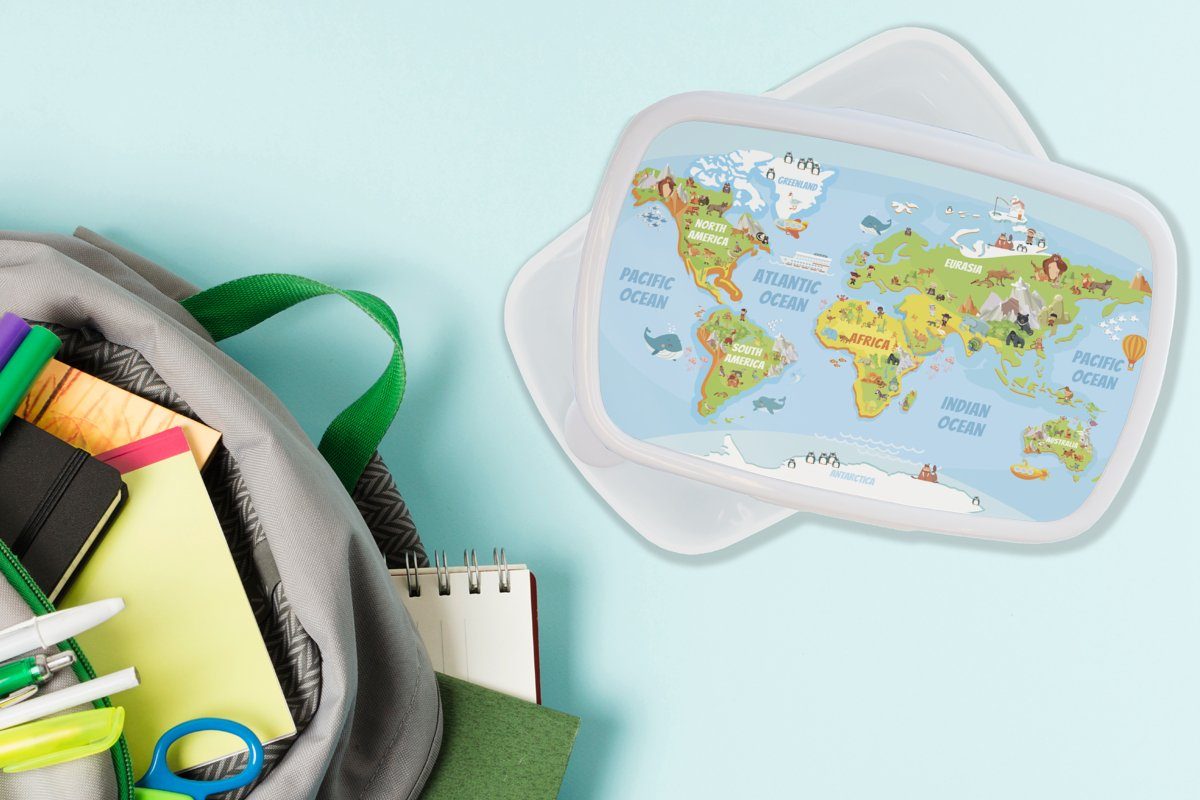 Tiere, und - für und Brotbox MuchoWow Brotdose, Weltkarte Erwachsene, - Kinder Kunststoff, weiß (2-tlg), für Mädchen Lunchbox Jungs Kinder