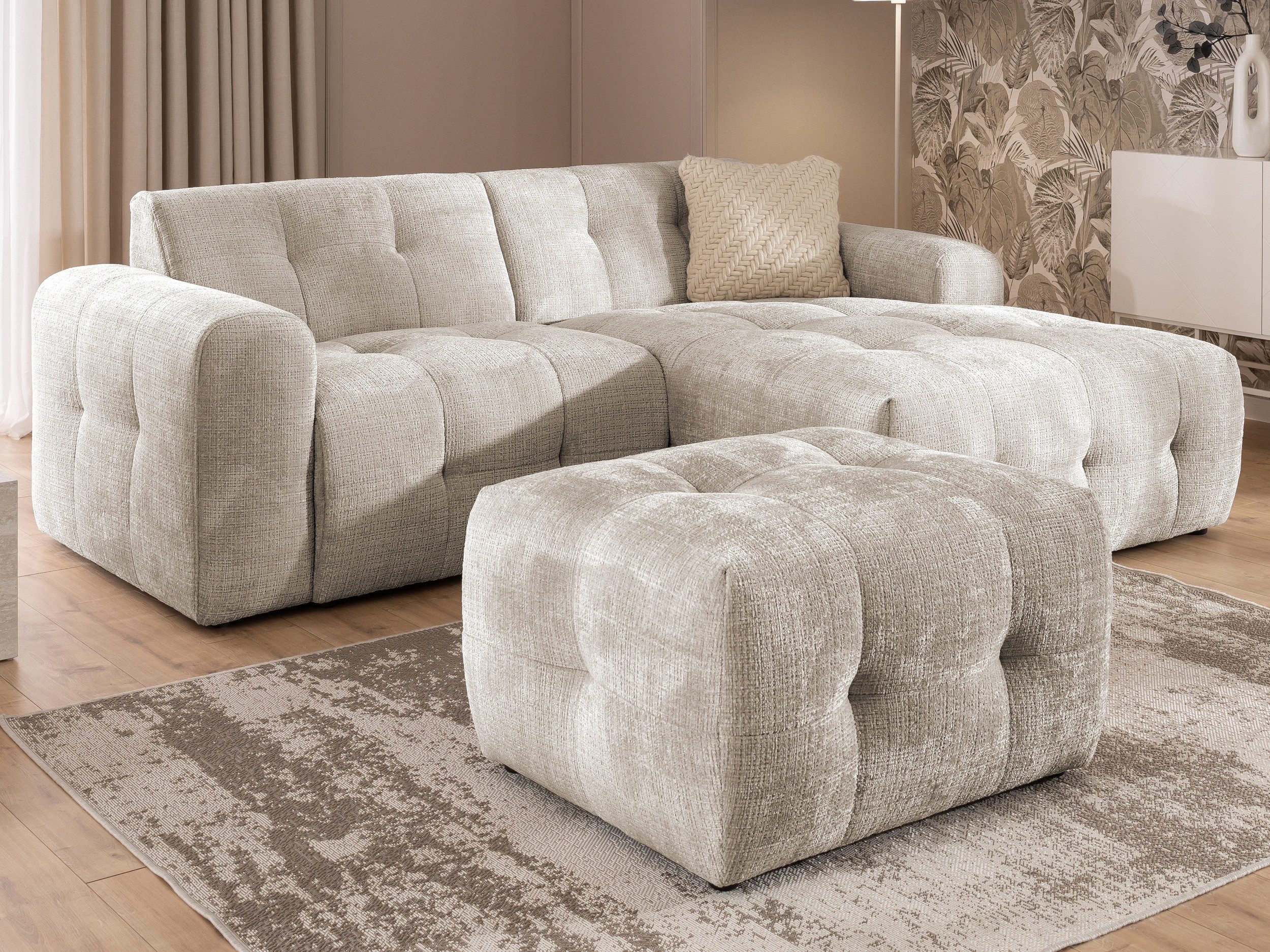 S-Style Möbel Ecksofa und Hocker Kozy Bumpy Design mit Schlaffunktion & fester Rückenlehne, aus weichem Chenille-Stoff, mit Wellenfederung