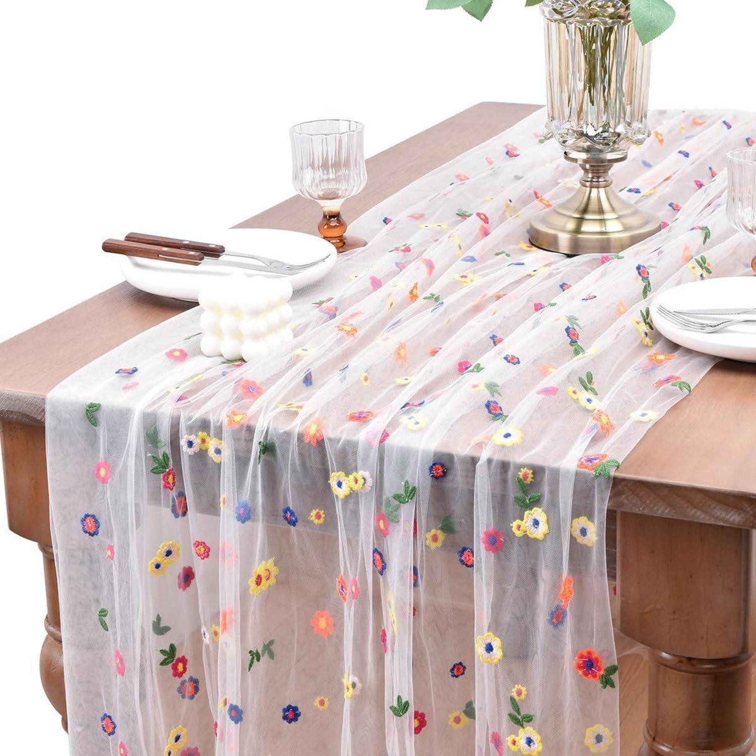 LuxusKollektion Tischläufer Tischläufer Tüll Blumen Gänseblümchen Weiß 100x150cm (1-tlg)