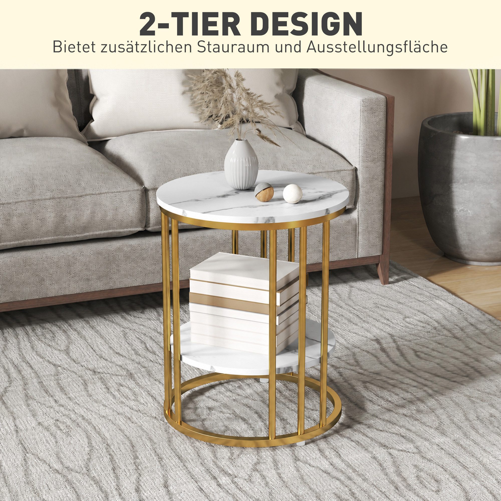 HOMCOM Couchtisch Wohnzimmertisch in Marmoroptik Kaffeetisch mit Ablage, rund (Sofatisch, 2-St., Beistelltisch), für Wohnzimmer Schlafzimmer Weiß – Bild 5 von 5
