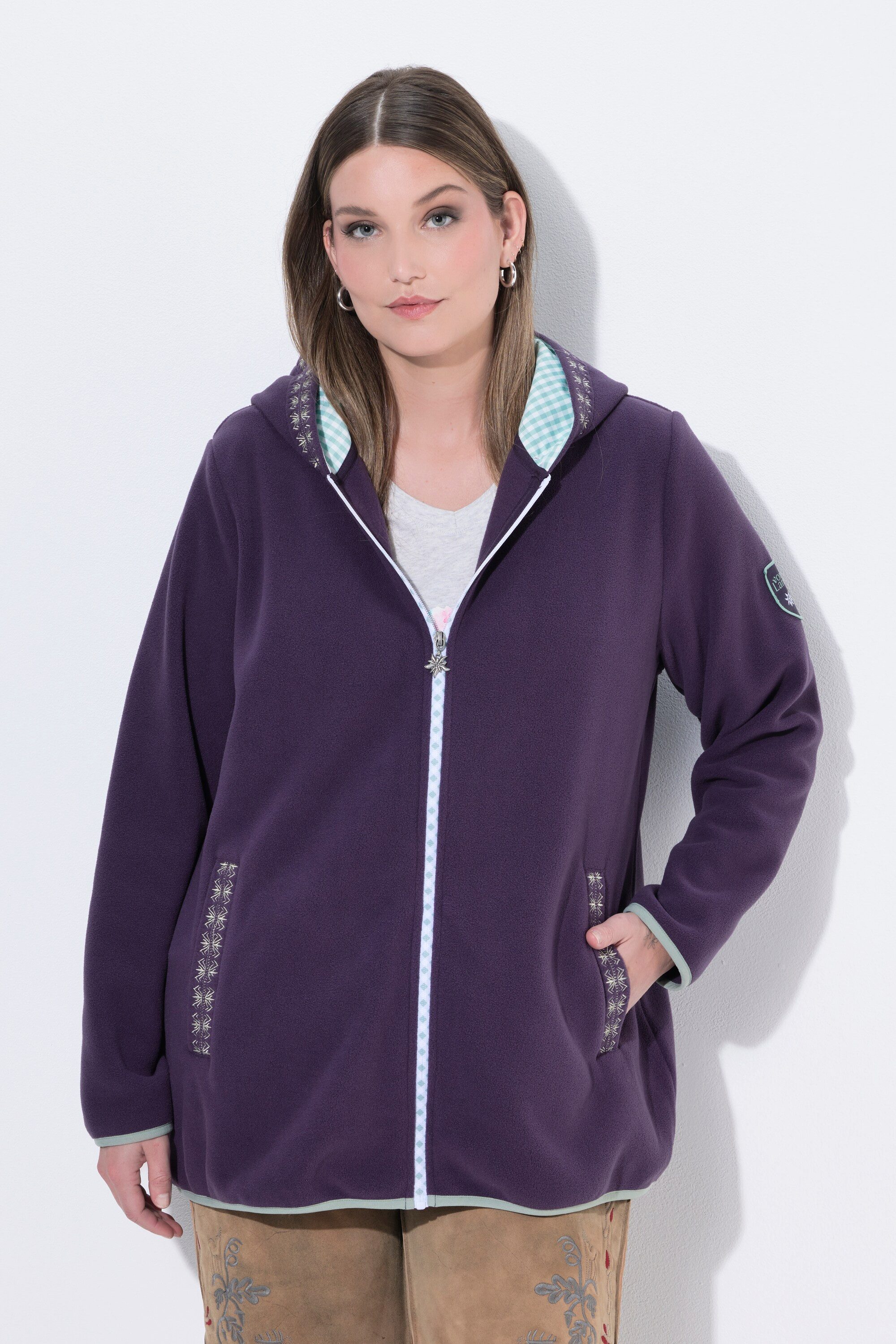 Ulla Popken Sweatjacke Trachten-Fleecejacke Kapuze Zierstickerei Langarm
