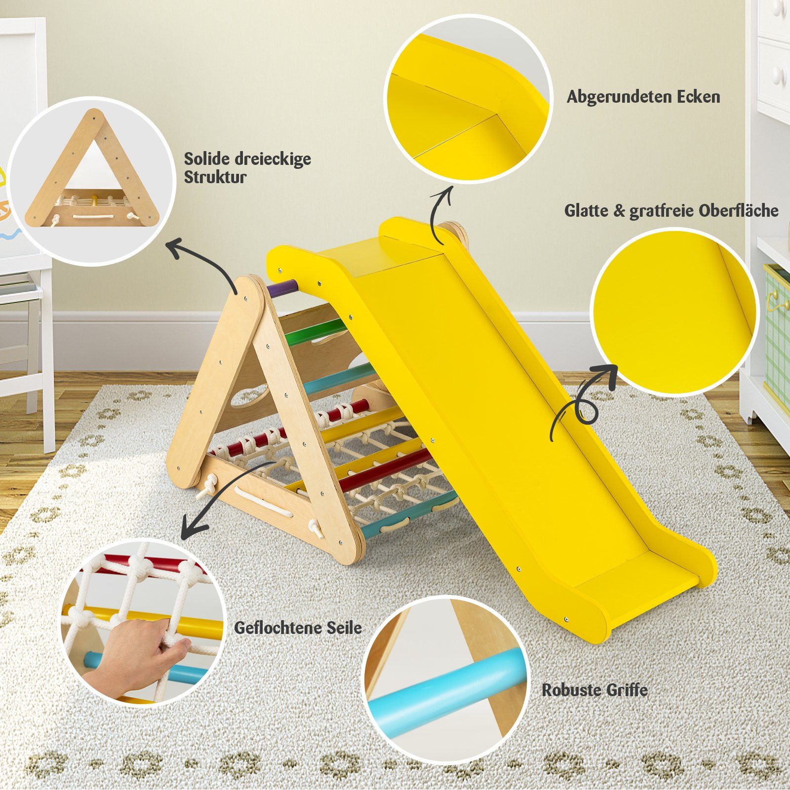 COSTWAY Klettergerüst 4 in 1 Kletterdreieck, mit Rutsche, aus Holz