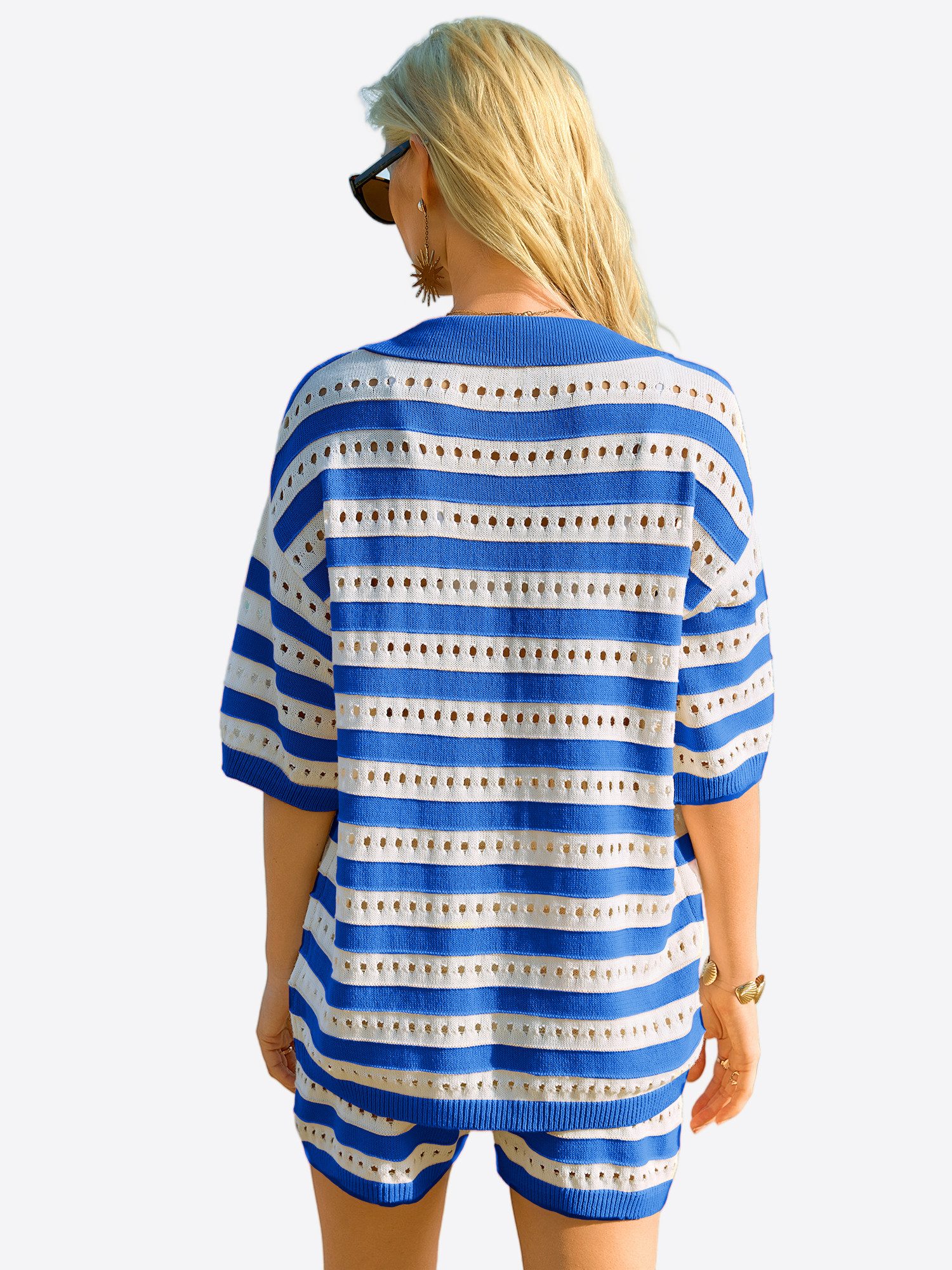 Imily Bela Hausanzug Damen Sommerliche 2-teilige Outfits (Set, 2 tlg., Strickhemd mit kurzen Ärmeln und Knöpfen + Shorts) Streifen