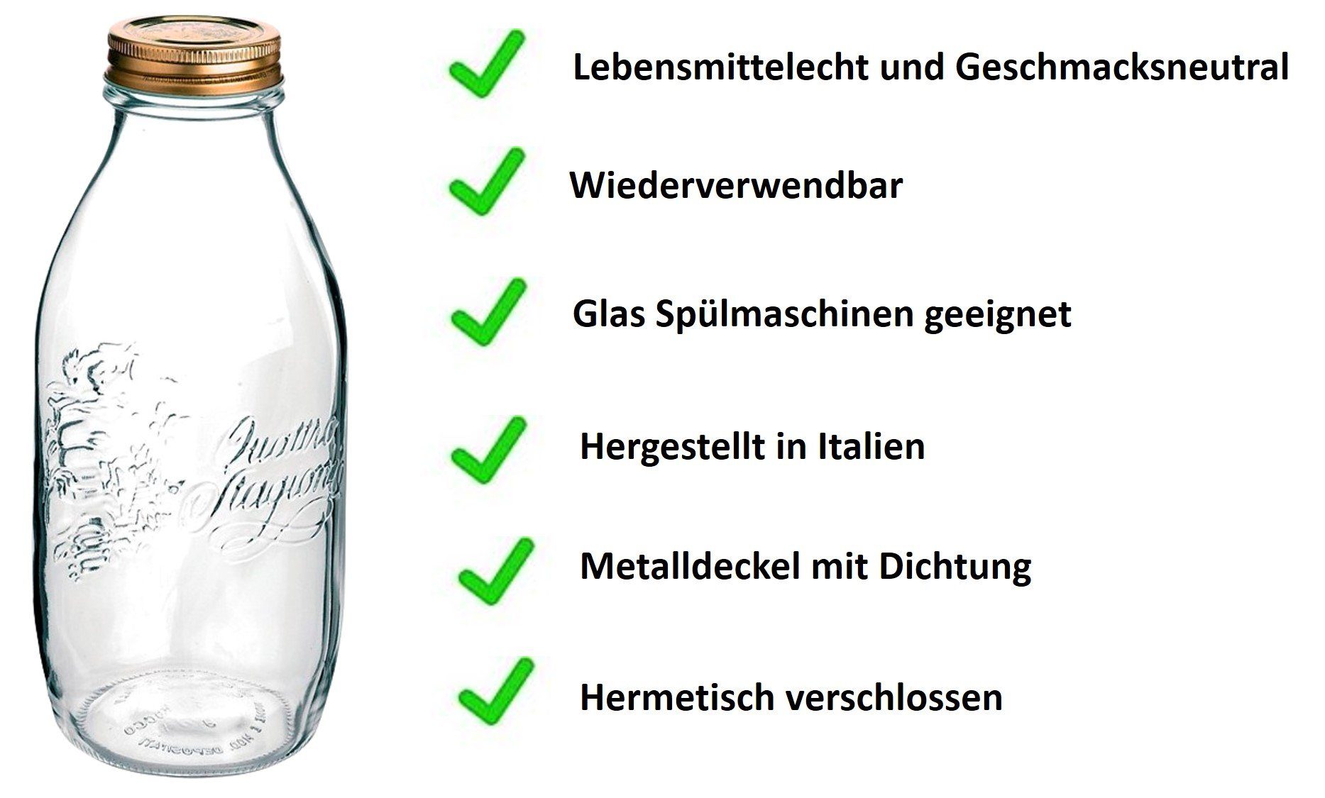 4 Quattro Flaschen Stagioni Glas Emilja 1L Vorratsglas Stück -