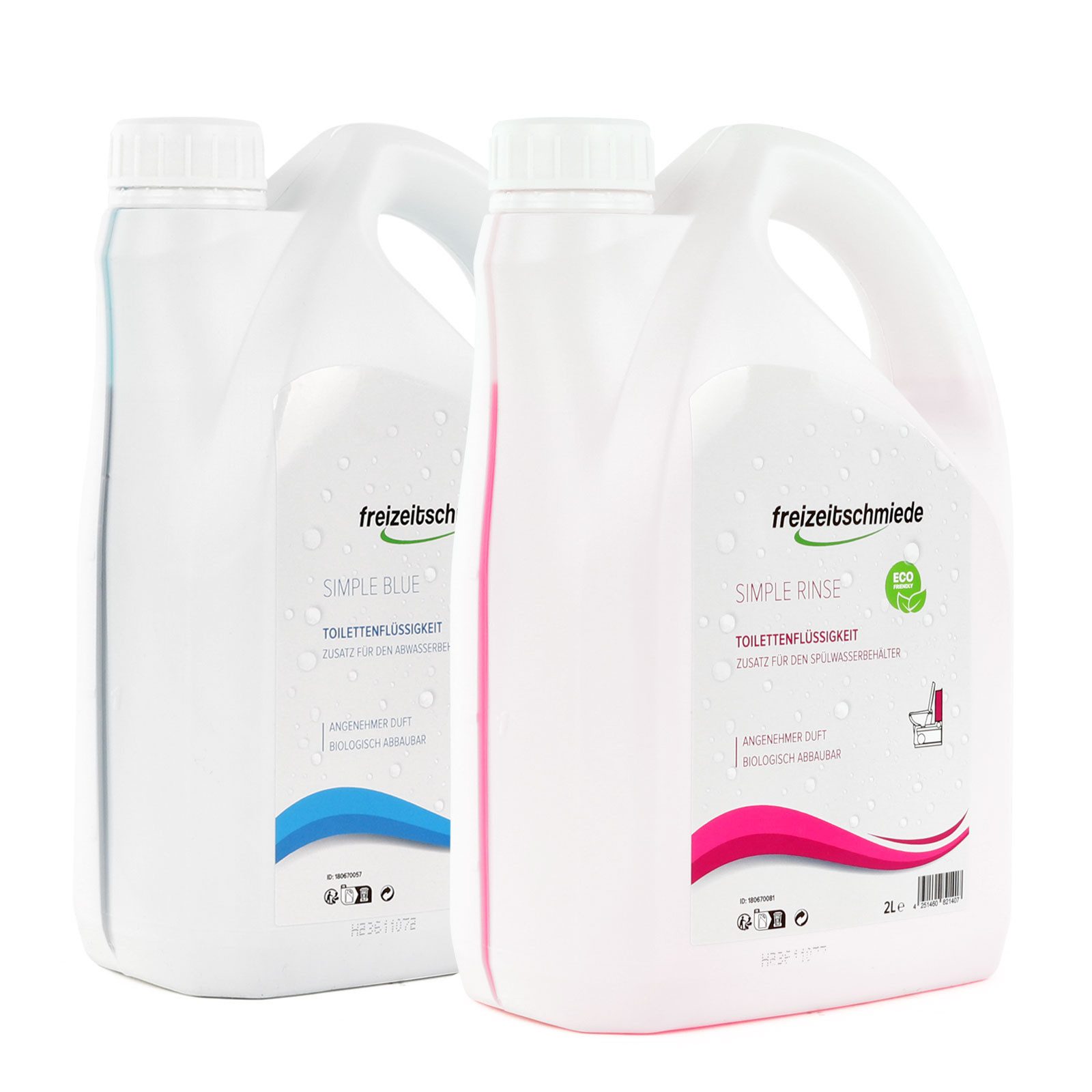 freizeitschmiede Freizeitschmiede Simple Blue + Rinse Sanitärflüssigkeit je 2L Set Campingtoilettenreiniger (Frischer Duft, Verhindert Ablagerungen)