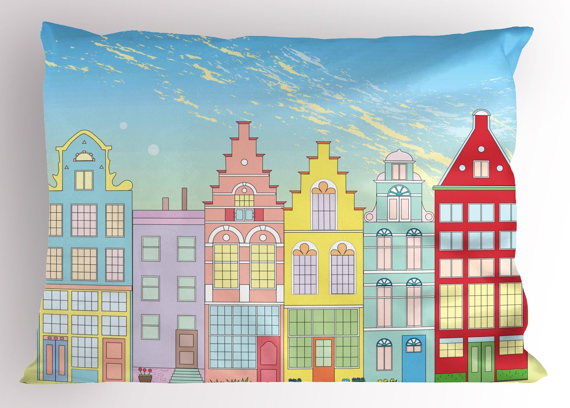 in Dekorativer Amsterdam Stück), (1 Gedruckter Kopfkissenbezug, Holland Queen Size Vibrierende Häuser Kissenbezüge Abakuhaus