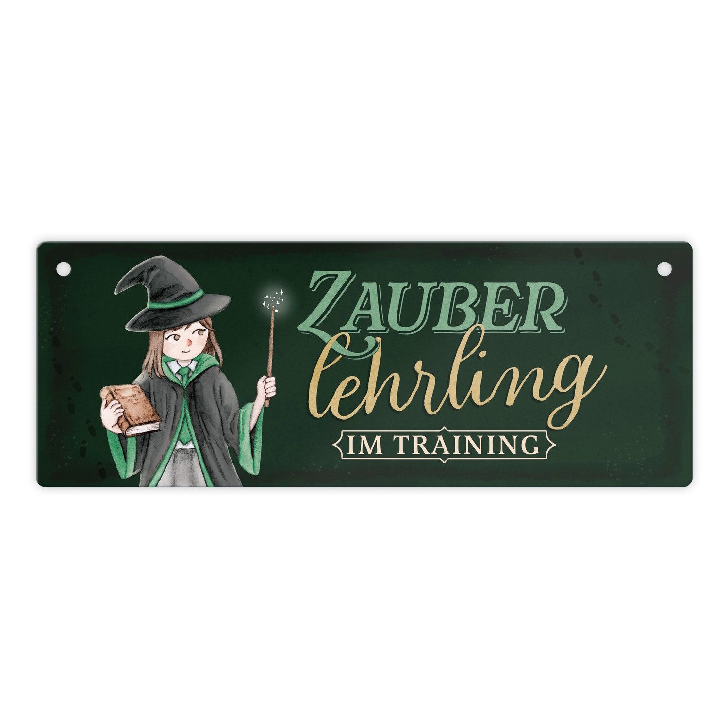 Metallschild Zauberlehrling Metallschild mit Zauberschülerin in grün dunklem