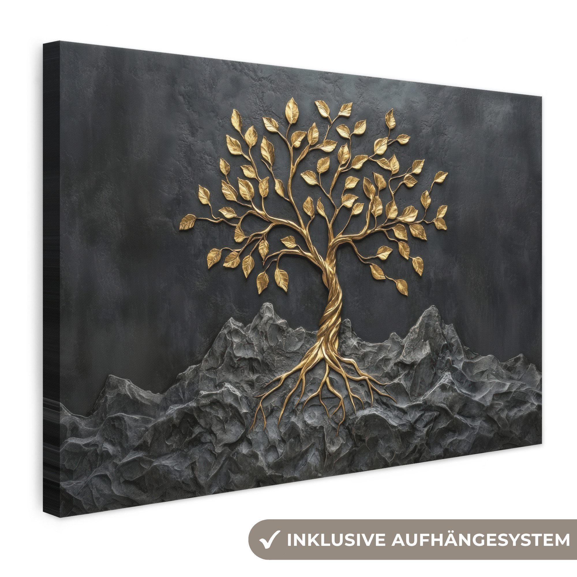 OneMillionCanvasses® Leinwandbild Blätter - Gold - Baum - Fels, Fotodruck (1 St), Leinwand Bilder Klein, Wand Dekoration Aesthetic 30x20 cm