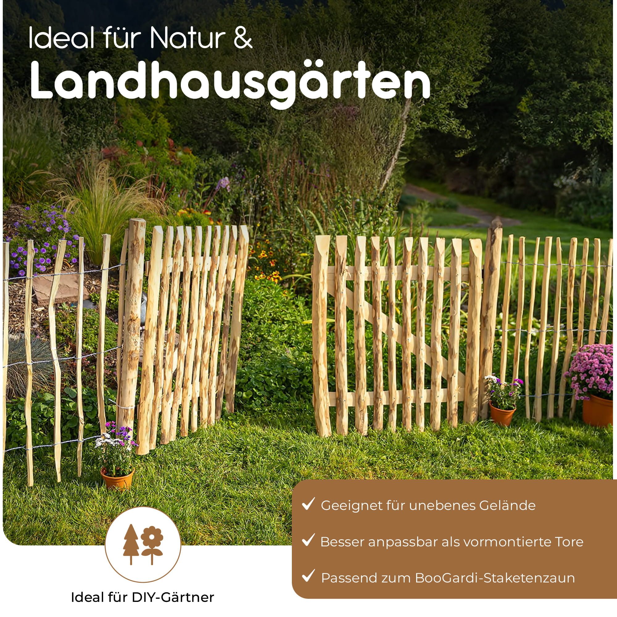 BooGardi Gartentor Staketentor Bausatz Haselnuss Holz, (DIY Gartentür · 80 cm breit x 50 cm hoch · Lattenabstand 3-5), Einflügel- & Doppelflügel-Tor · Staketenz – Bild 2 von 5