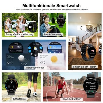 Mutoy Smartwatch für Damen Herren, Fitness Tracker Uhr mit Anruffunktion Smartwatch (1,32" Runde Voll Touchscreen Zoll), mit Wechselband aus wechem Silikon und Leder Uhrenarmbänder, IP68 Wasserdicht Pulsmesser Schrittzähler Aktivitätstracker