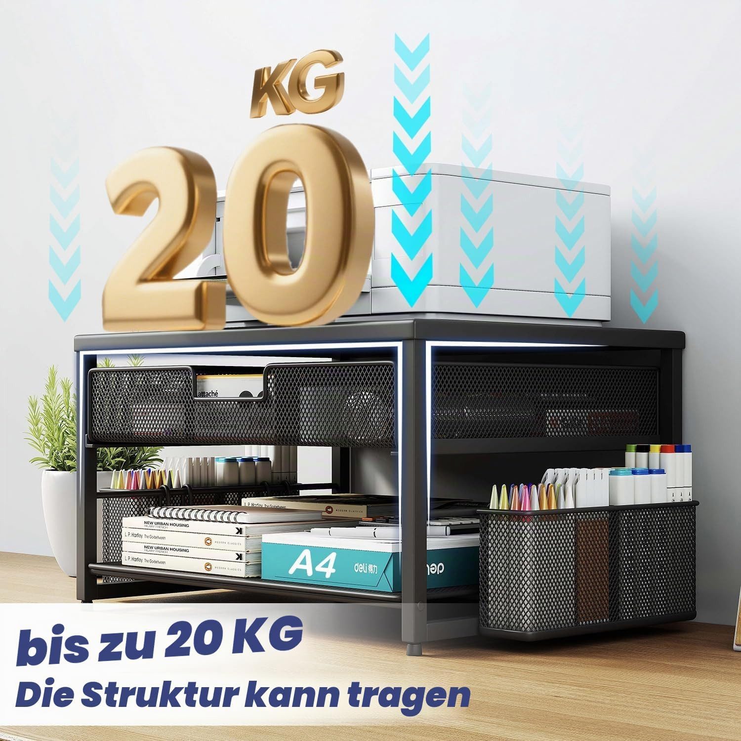 SURFOU Druckertisch Drucker- & Monitorständer Metall mit Schublade, für PC/Laptop, Schreibtisch-Organizer mit 2 Stifthaltern, bis 20 kg belastbar – Bild 4 von 5