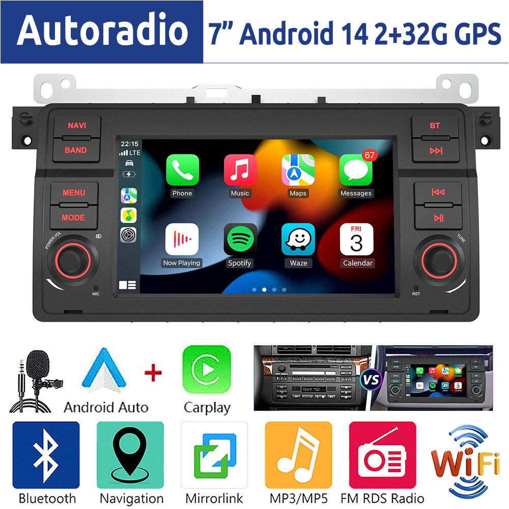 ESSGOO 7" Android 14 Für BMW E46 3er 318 320 325 M3 Rover 75 MGZT GPS Navi Autoradio (DAB+ (optional), FM, RDS, 2+64GB(optional), Wireless Carplay Android Auto Bluetooth EQ USB WIFI Touchscreen SWC)