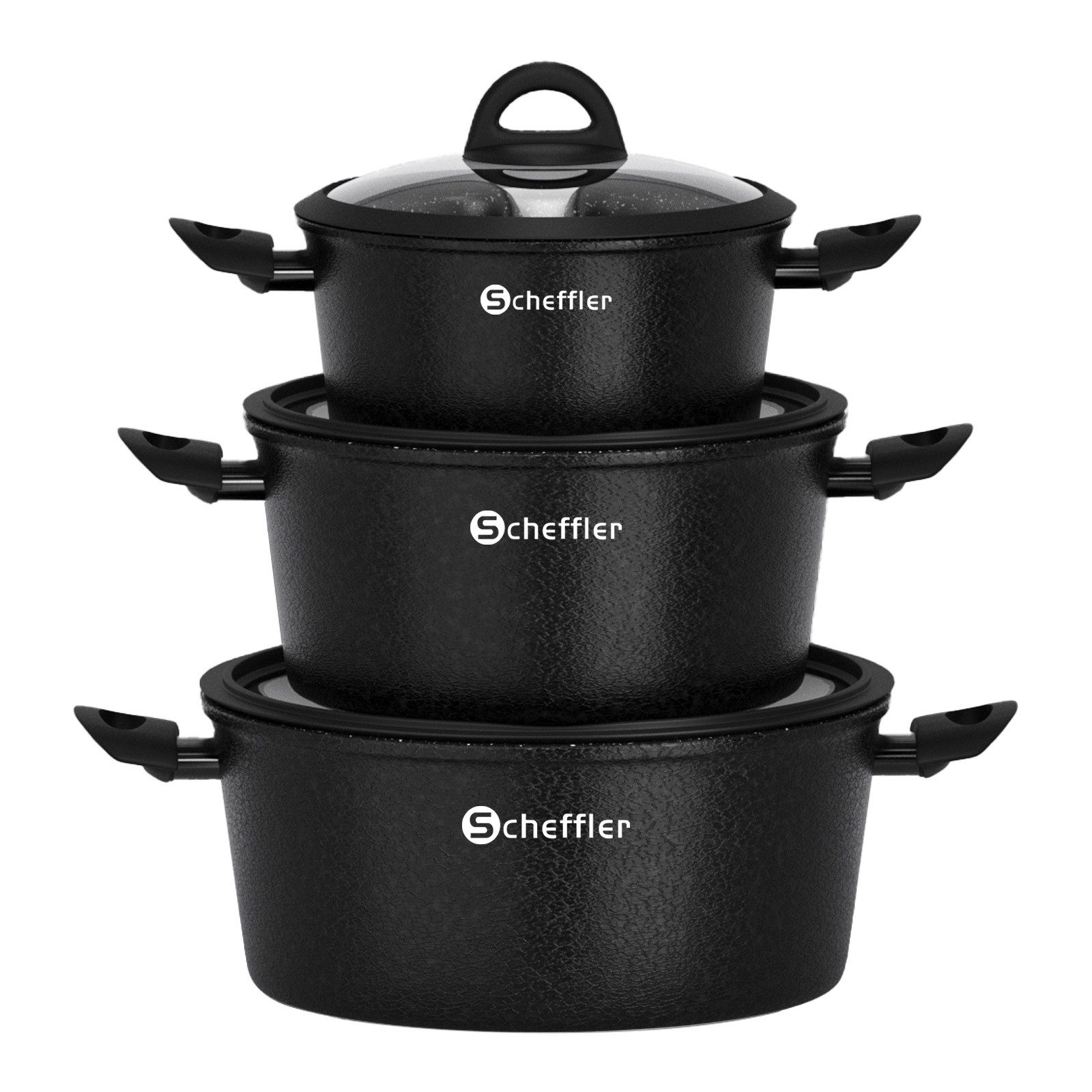 Scheffler Topf-Set Induktions Töpfe Set Schwarze Antihaftbeschichtung mit Glasdeckel, Aluminium (Set, 6-tlg., Ø20 2,4L/Ø24 4,4L/Ø28 6,5L Töpfe Set mit Glasdeckel), Induktionsgeeignet
