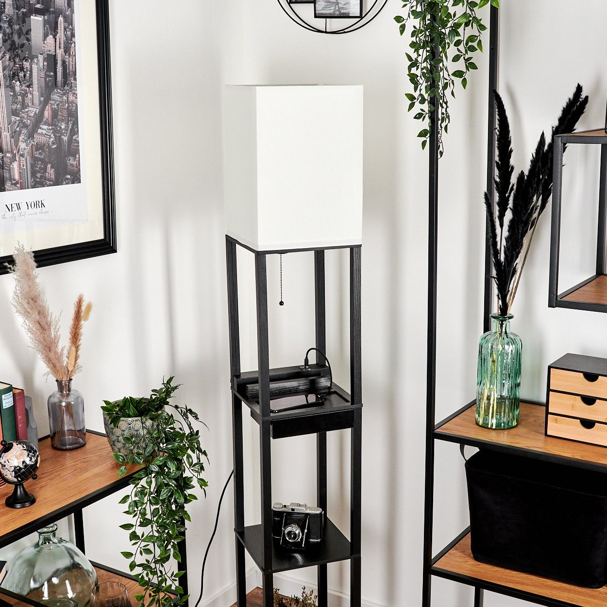 hofstein Stehlampe moderne Stehlampe aus Holz/Stoff in Schwarz/Weiß, ohne Leuchtmittel, Standlampe, USB- & USB-C Anschluss, 1xE27, ohne Leuchtmittel