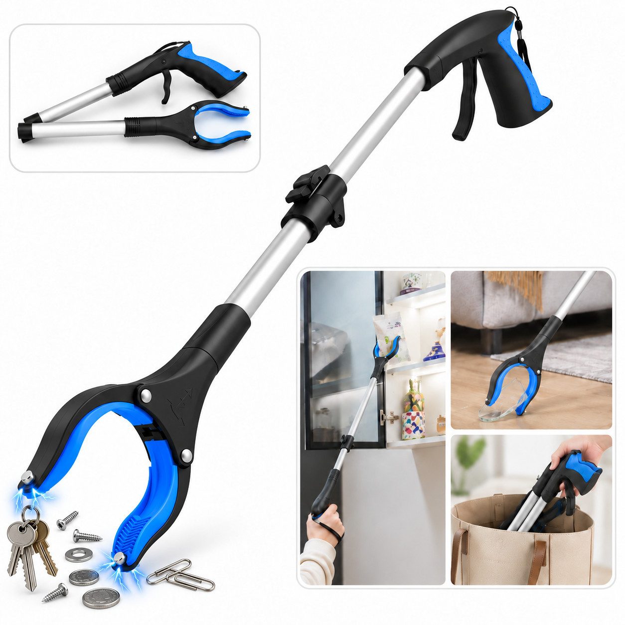 Luckice Greifzange Müllgreifer rückenschonend faltbar für Senioren & Reinigung, Set 1-tlg., Aluminium-Schaft, rutschfester Silikon-Greifkopf, Rückenschonendes Arbeiten, faltbares Design für platzsparende