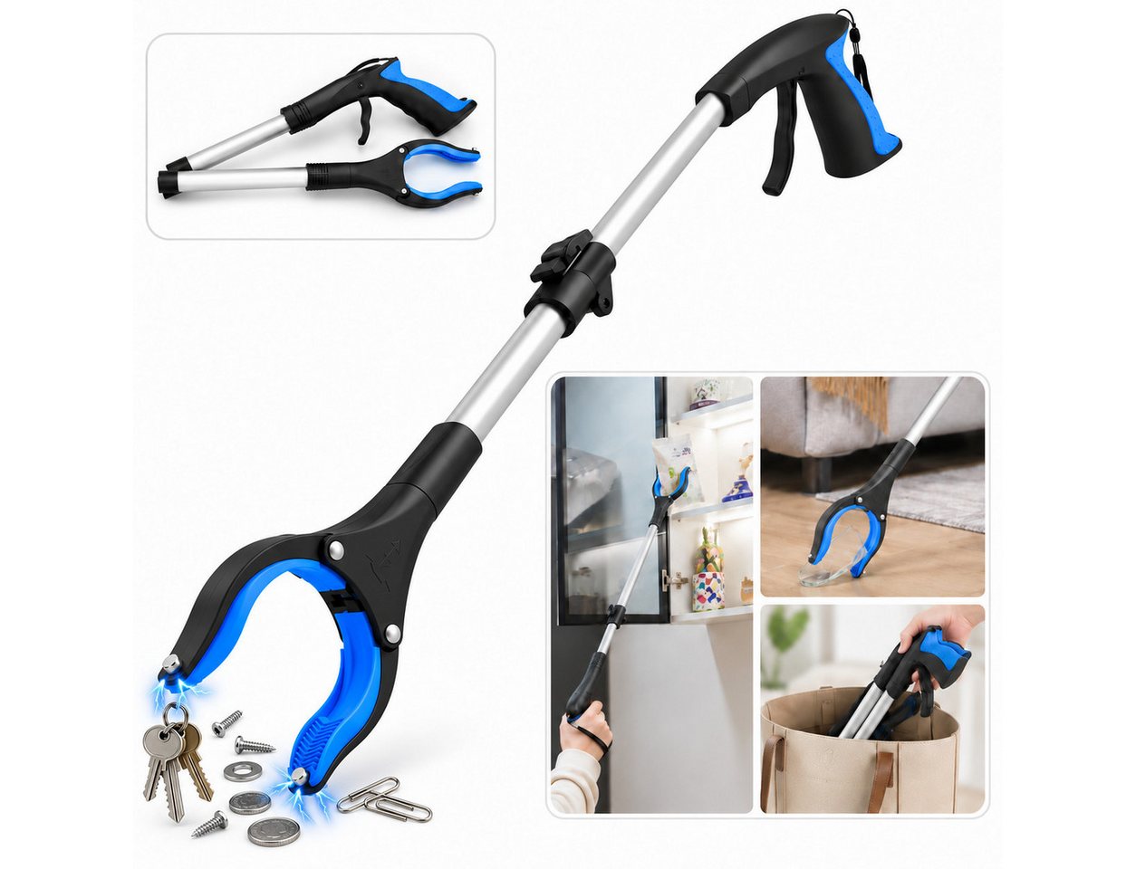 Luckice Greifzange Müllgreifer rückenschonend faltbar für Senioren & Reinigung, Set 1-tlg., Aluminium-Schaft, rutschfester Silikon-Greifkopf, Rückenschonendes Arbeiten, faltbares Design für platzsparende
