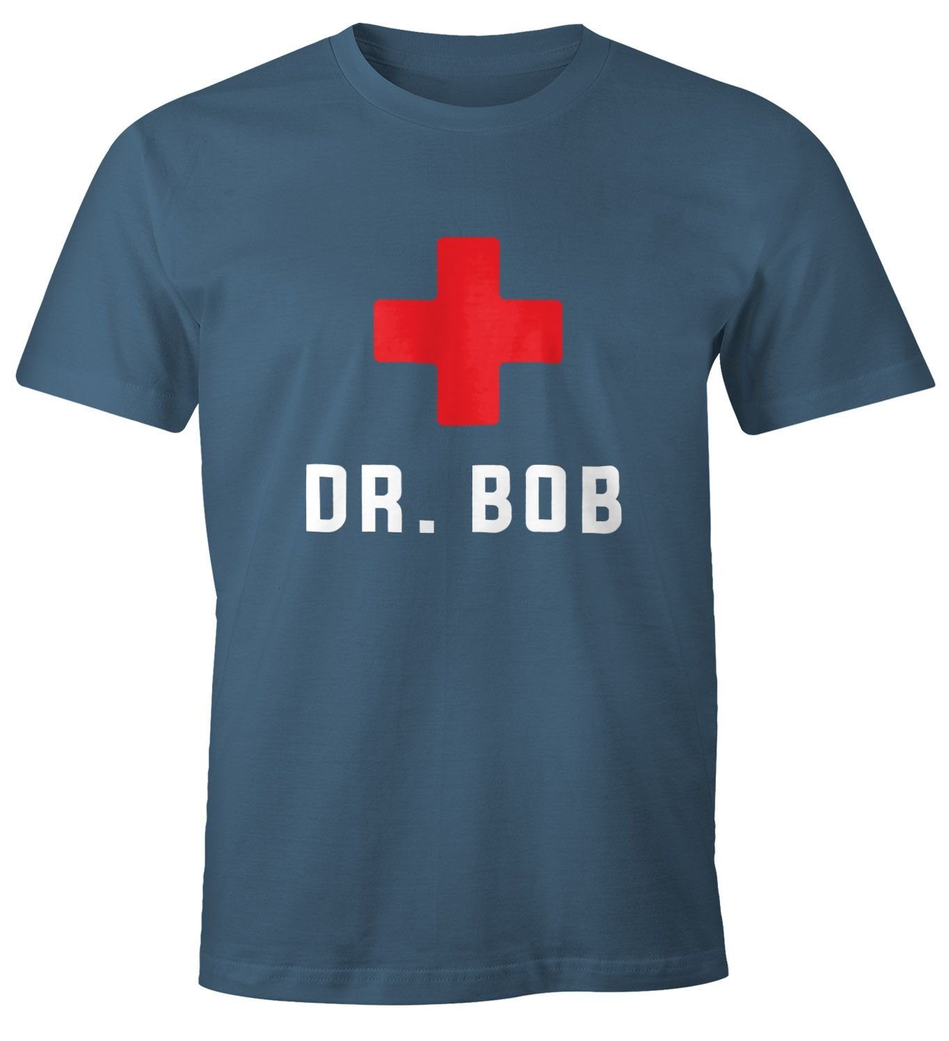MoonWorks Print-Shirt Herren T-Shirt Notarzt Print Moonworks® Dschungel blau Bob mit Arzt Fun-Shirt Dr