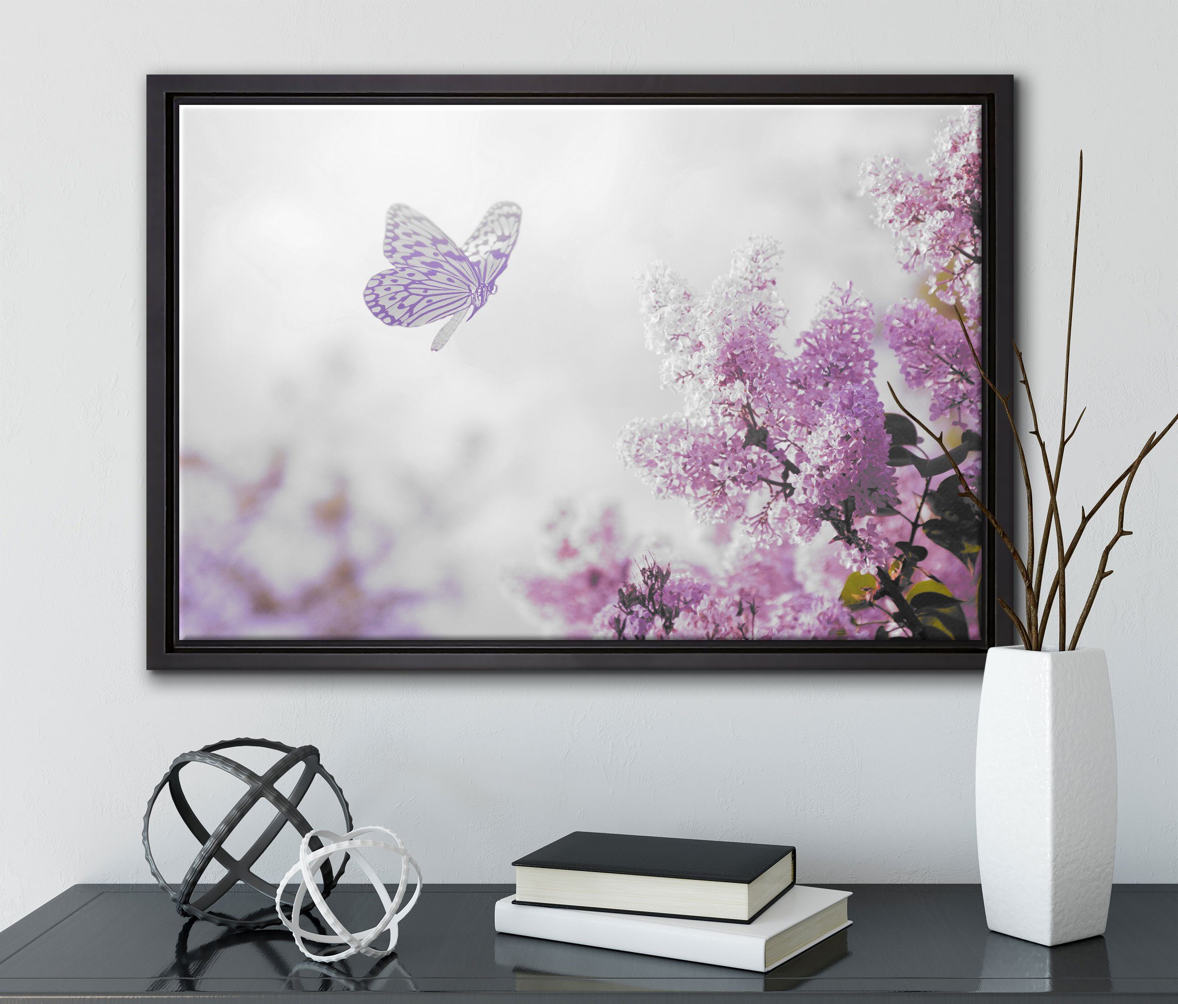 Leinwandbild in inkl. einem Schattenfugen-Bilderrahmen St), Leinwandbild Wanddekoration gefasst, Schmetterling Kirschblüten, bespannt, fertig Zackenaufhänger (1 Pixxprint