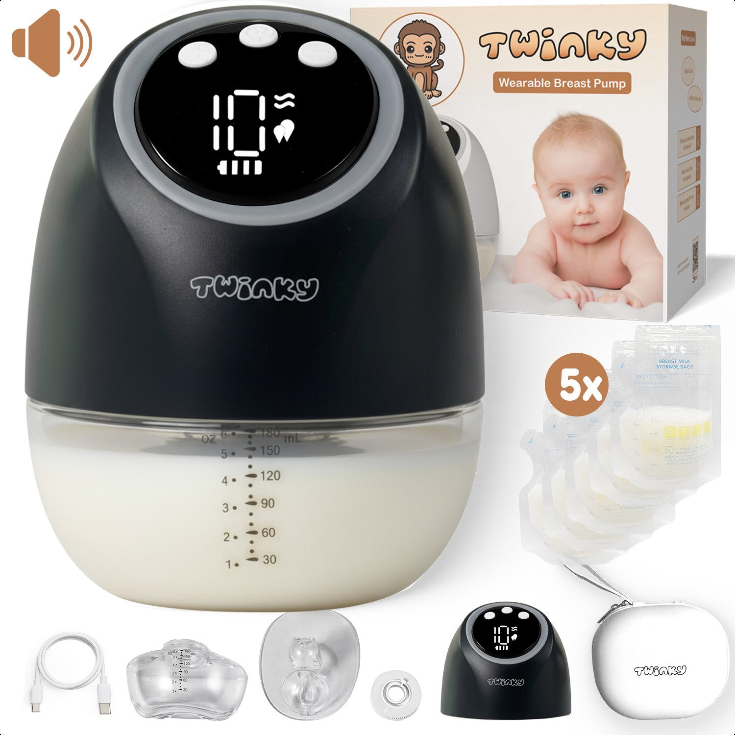 TWINKY Elektrische Milchpumpe Elektrische Doppelmilchpumpe, Freihändig, leise und schmerzfrei, 1-tlg., BPA-frei
