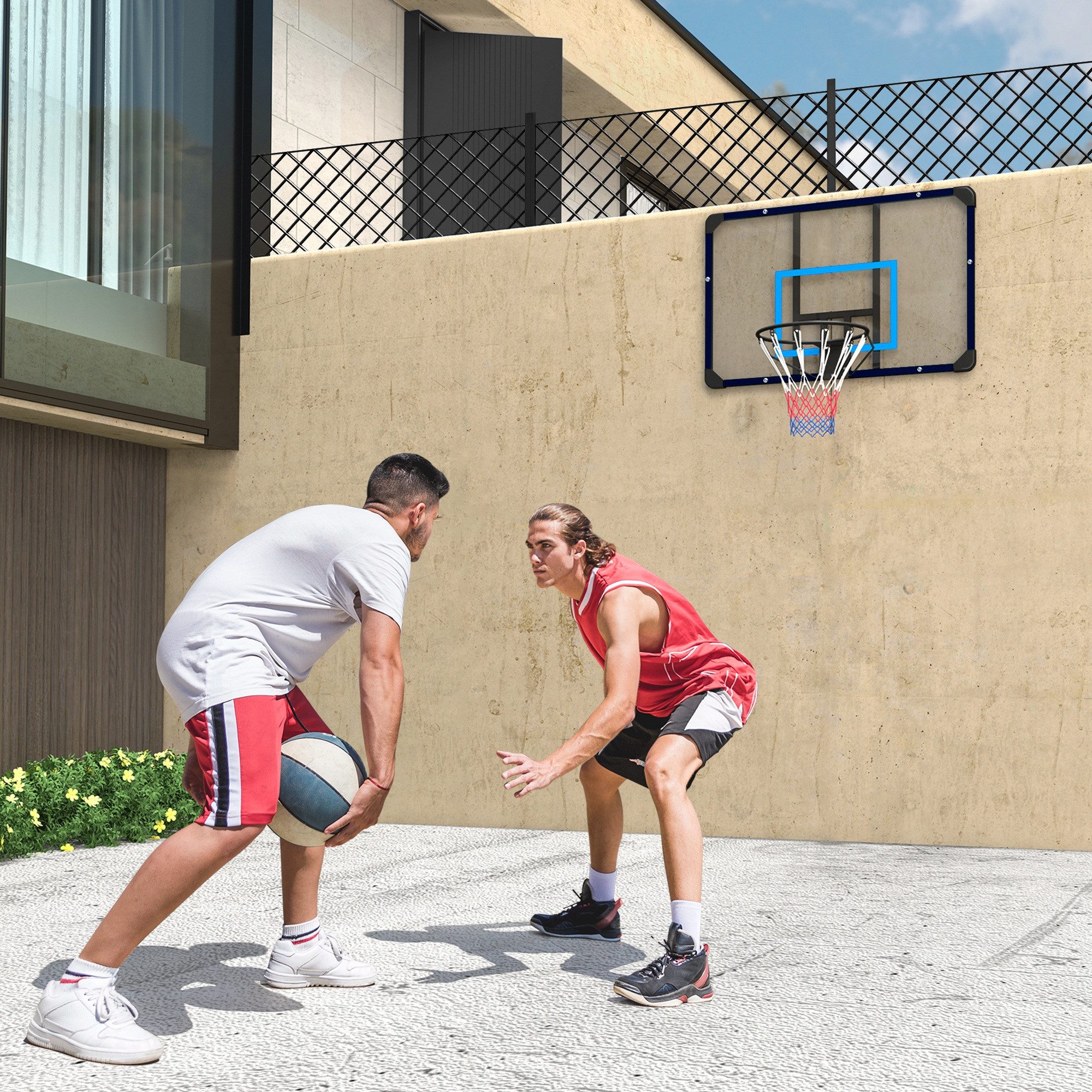 SPORTNOW Basketballständer Basketballkorb mit Rückwand, Basketballbrett, Wandmontage (Basketballkorb, 1-St., Basketballbrett mit Korb), für Outdoor, Stahl, 113 x 61 x 73 cm, Blau