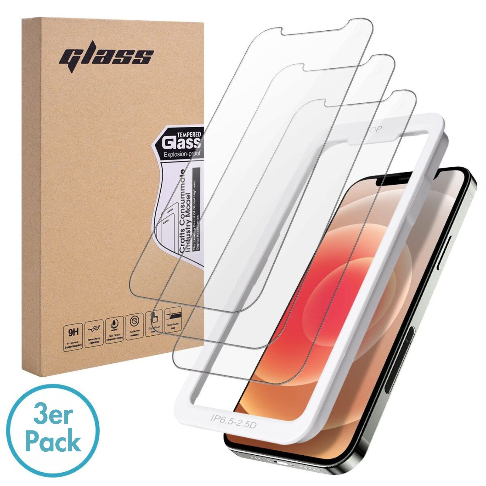 MonkeyTEC Displayschutzfolie Apple iPhone 12 Displayschutzfolie kristallklar 3x für Apple iPhone, Komplettset, 3 Stück, Sensitive Touch, Anbringhilfe, 9H, Wasserabweisend, Anti-Kratzer