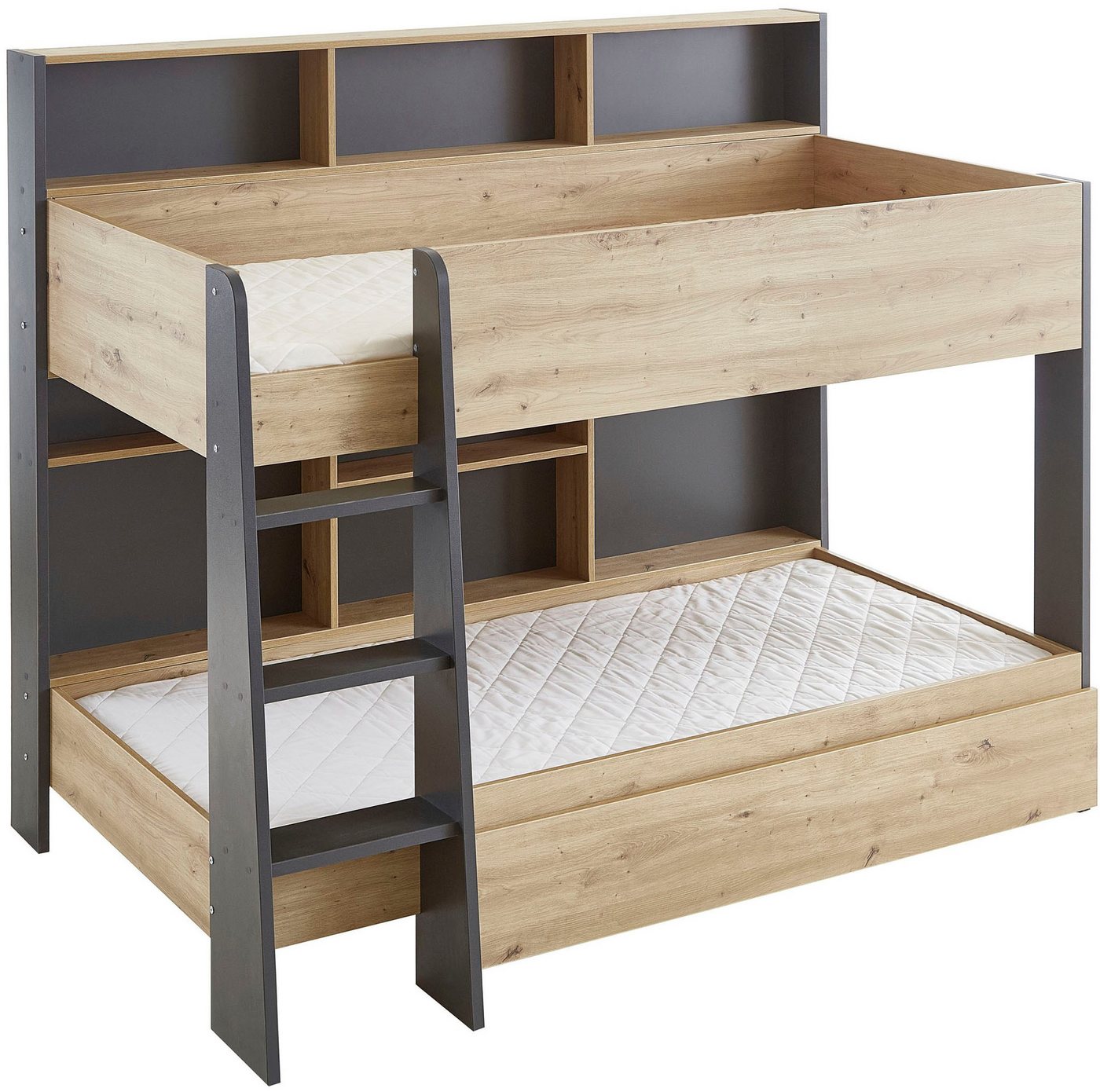 Relita Etagenbett Sely, viel Funktion auf kleinem Raum, 2 Liegeflächen, modernes Design (viele Regalfächer an der Bettrückseite, inkl. Schublade auf Rollen), viel Stauraum, pflegeleichte Melamin Oberfläche, 3 Farben zur Wahl